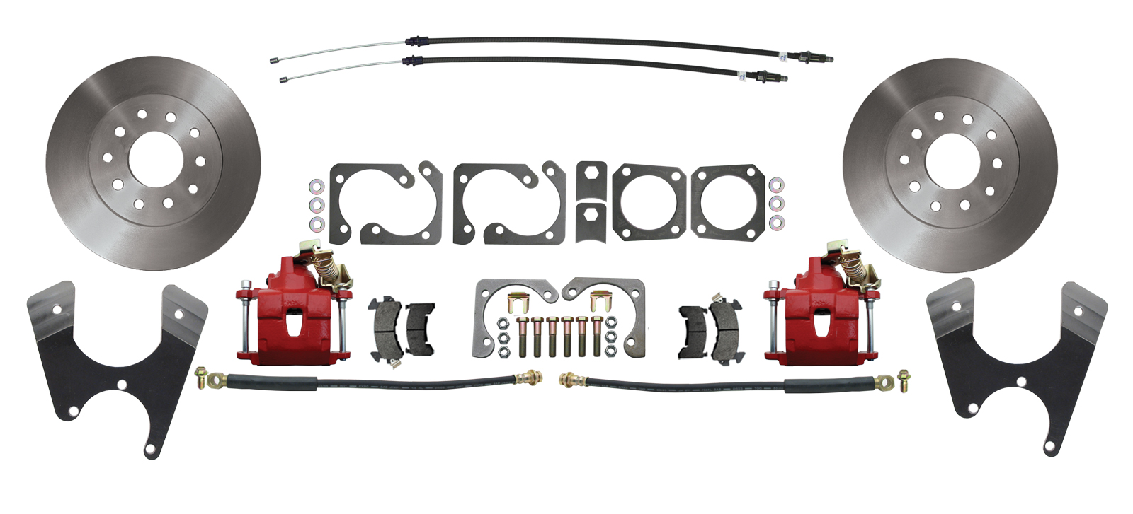  GM F, X Body 10/12 Bolt Pattern Standard Rear Disc Brake Kit With E-Brake & Powder Coated Red Calipers Staggered Shocks