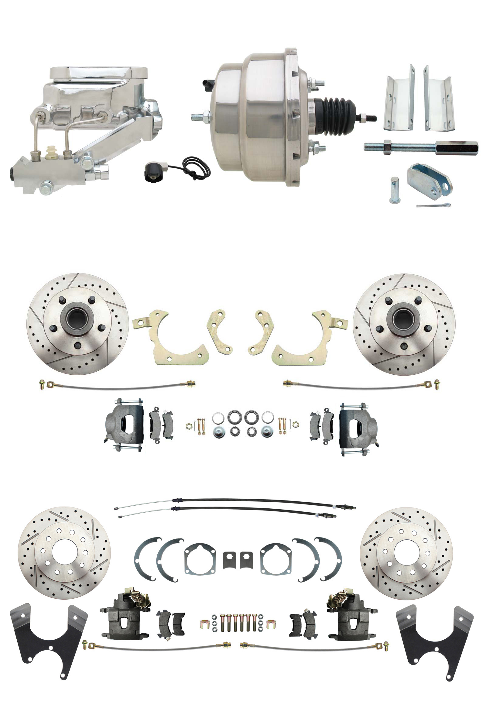 1955-1958 GM Full Size Disc Brake Kit Drilled/Slotted Rotors (Impala, Bel Air, Biscayne) & 8 Dual Stainless Steel Booster Conversion Kit W/ Chrome Flat Top Master Cylinder Left Mount Disc/ Disc Proportioning Valve Kit