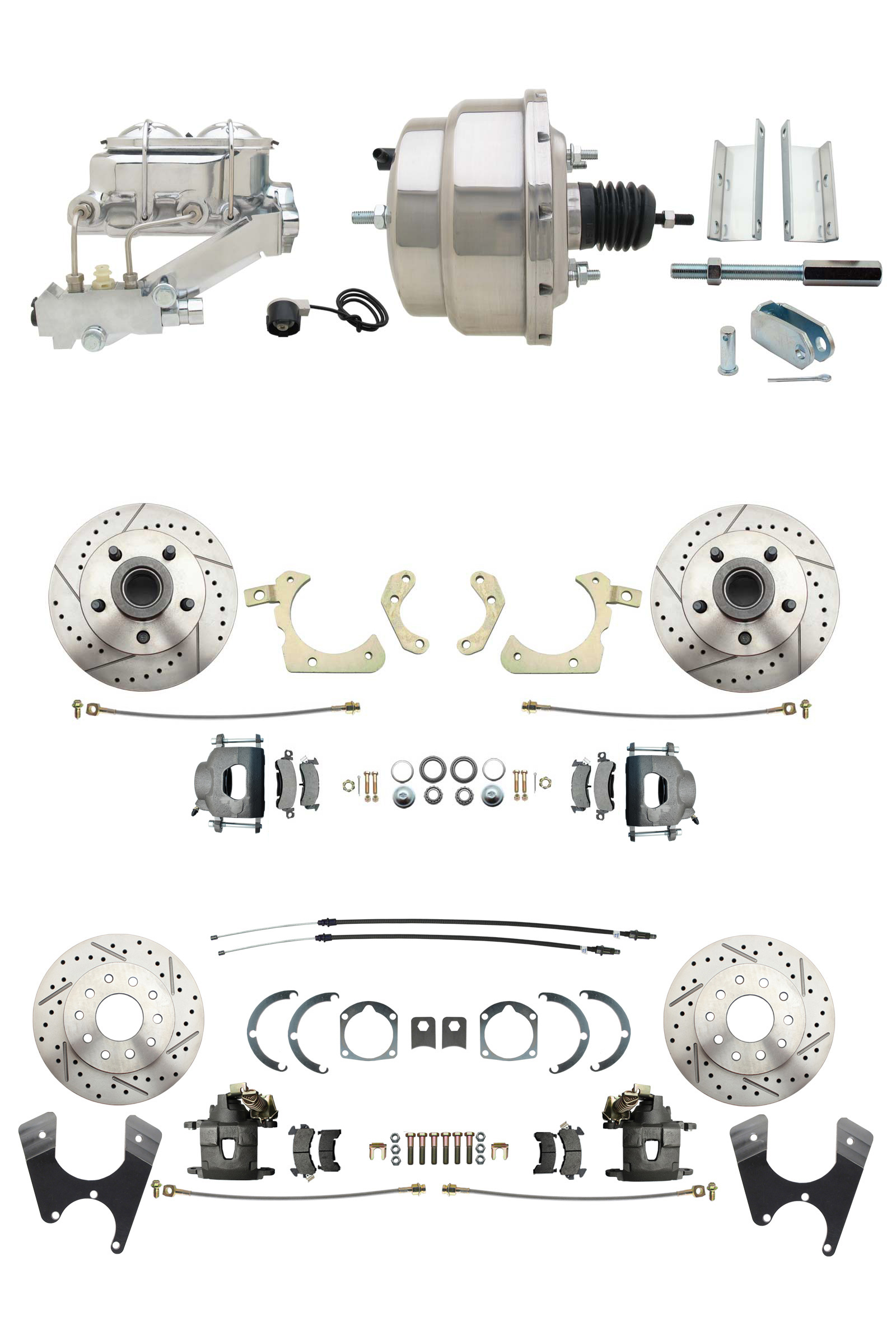 1955-1958 GM Full Size Disc Brake Kit Drilled/Slotted Rotors (Impala, Bel Air, Biscayne) & 8 Dual Stainless Steel Booster Conversion Kit W/ Chrome Master Cylinder Left Mount Disc/ Disc Proportioning Valve Kit