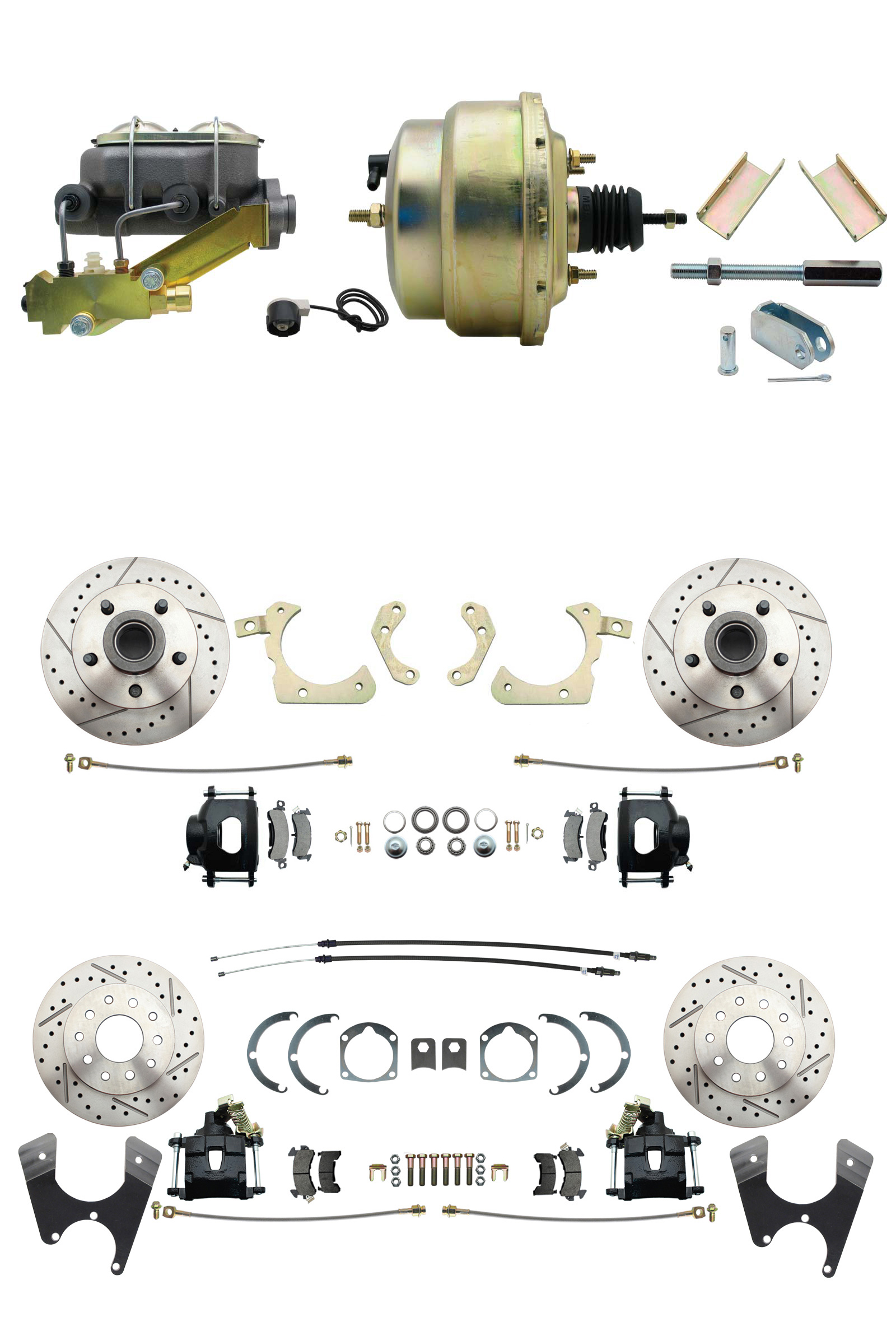 1955-1958 GM Full Size Front & Rear Power Disc Brake Kit Black Powder Coated Calipers Drilled/Slotted Rotors (Impala, Bel Air, Biscayne) & 8 Dual Zinc Booster Conversion Kit W/ Cast Iron Master Cylinder Left Mount Disc/