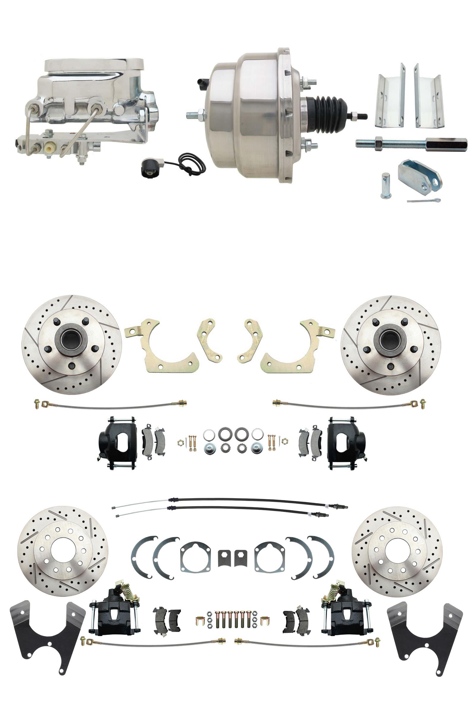 1955-1958 GM Full Size Front & Rear Power Disc Brake Kit Black Powder Coated Calipers Drilled/Slotted Rotors (Impala, Bel Air, Biscayne) & 8 Dual Chrome Booster Conversion Kit W/ Flat Top Chrome Master Cylinder Bottom M