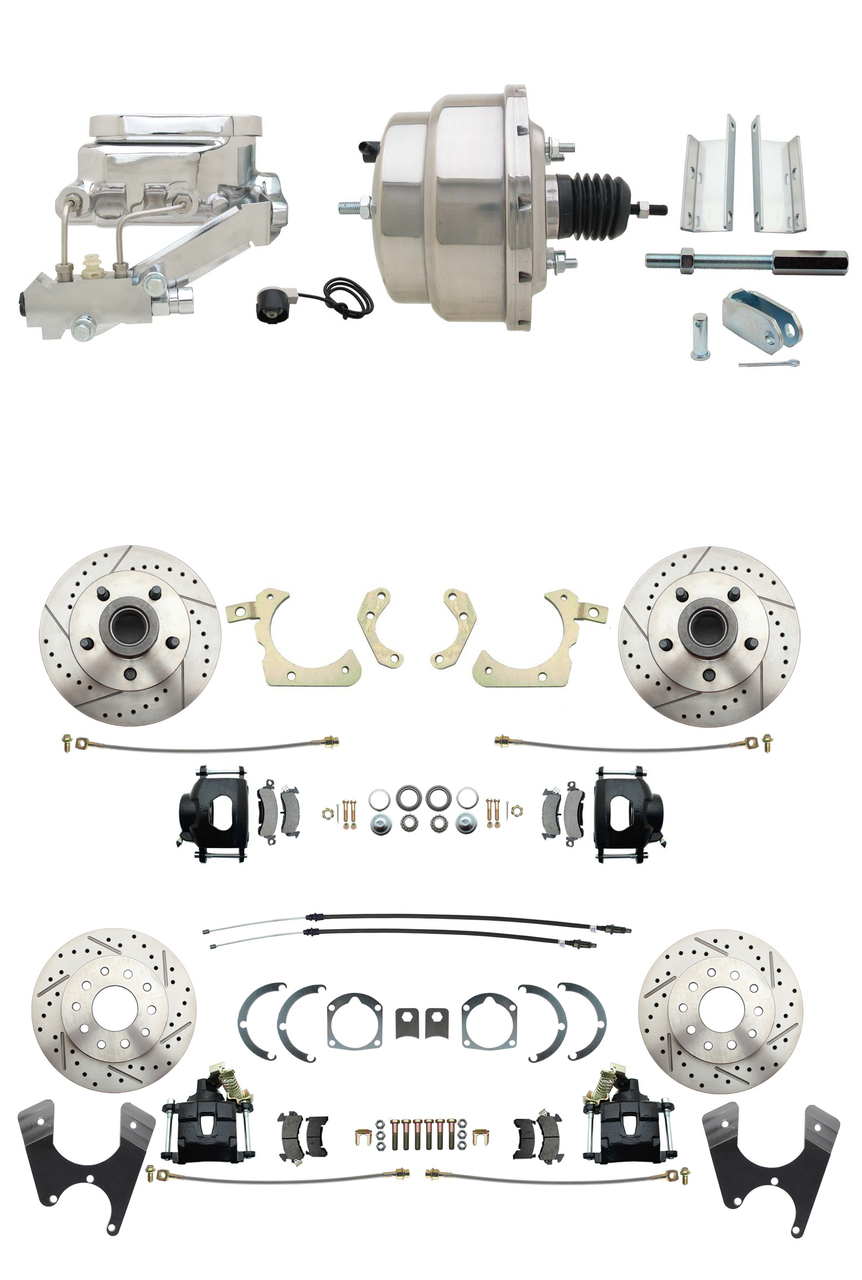 1955-1958 GM Full Size Front & Rear Power Disc Brake Kit Black Powder Coated Calipers Drilled/Slotted Rotors (Impala, Bel Air, Biscayne) & 8 Dual Chrome Booster Conversion Kit W/ Flat Top Chrome Master Cylinder Left Mou