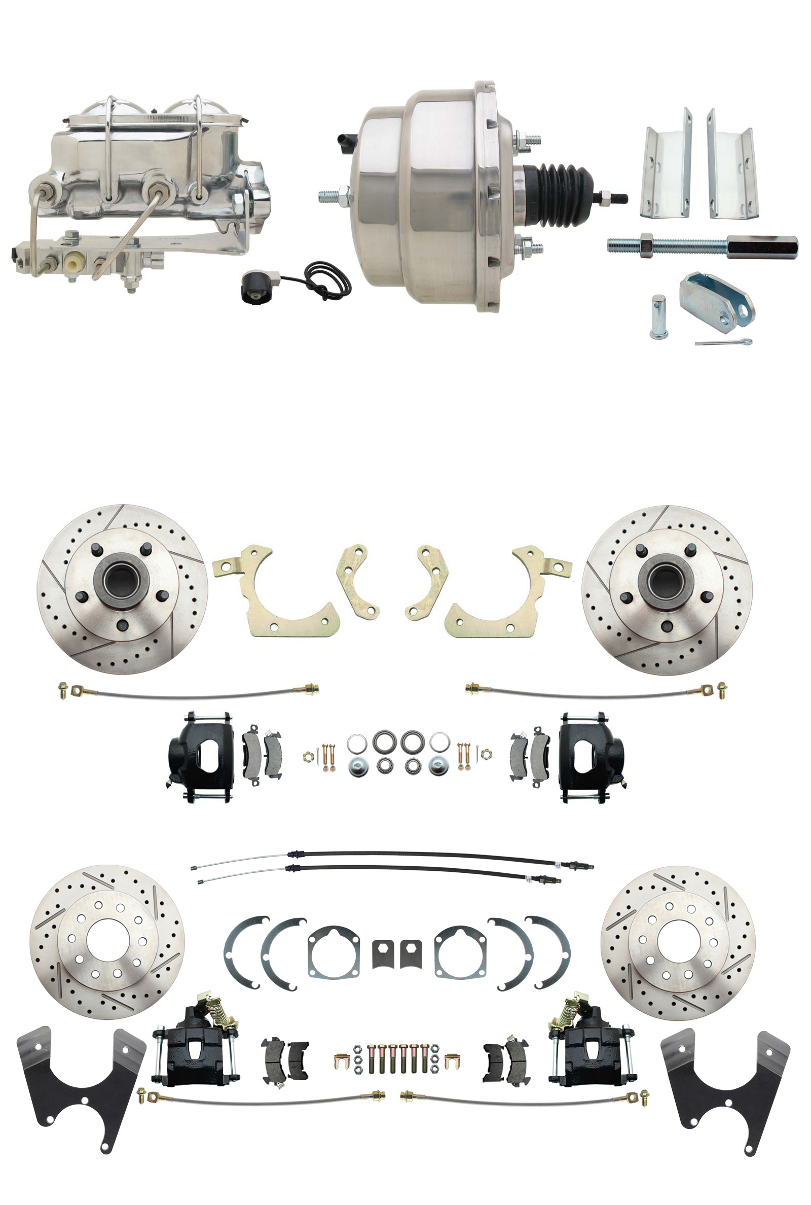 1955-1958 GM Full Size Front & Rear Power Disc Brake Kit Black Powder Coated Calipers Drilled/Slotted Rotors (Impala, Bel Air, Biscayne) & 8 Dual Chrome Booster Conversion Kit W/ Chrome Master Cylinder Bottom Mount Disc