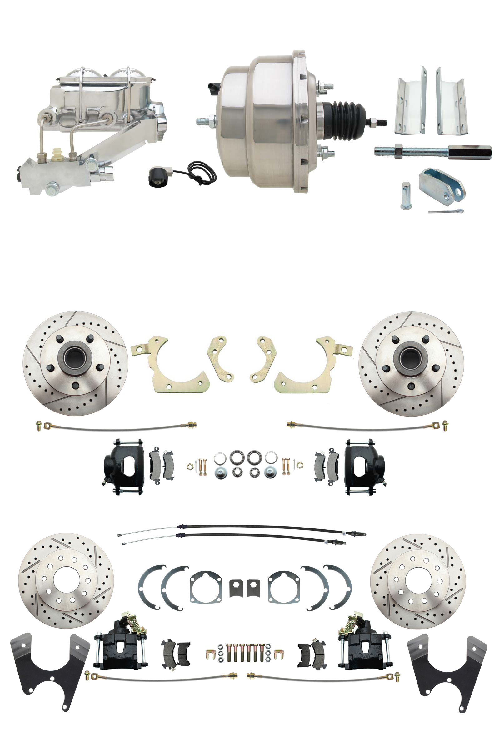 1955-1958 GM Full Size Front & Rear Power Disc Brake Kit Black Powder Coated Calipers Drilled/Slotted Rotors (Impala, Bel Air, Biscayne) & 8 Dual Chrome Booster Conversion Kit W/ Chrome Master Cylinder Left Mount Disc/