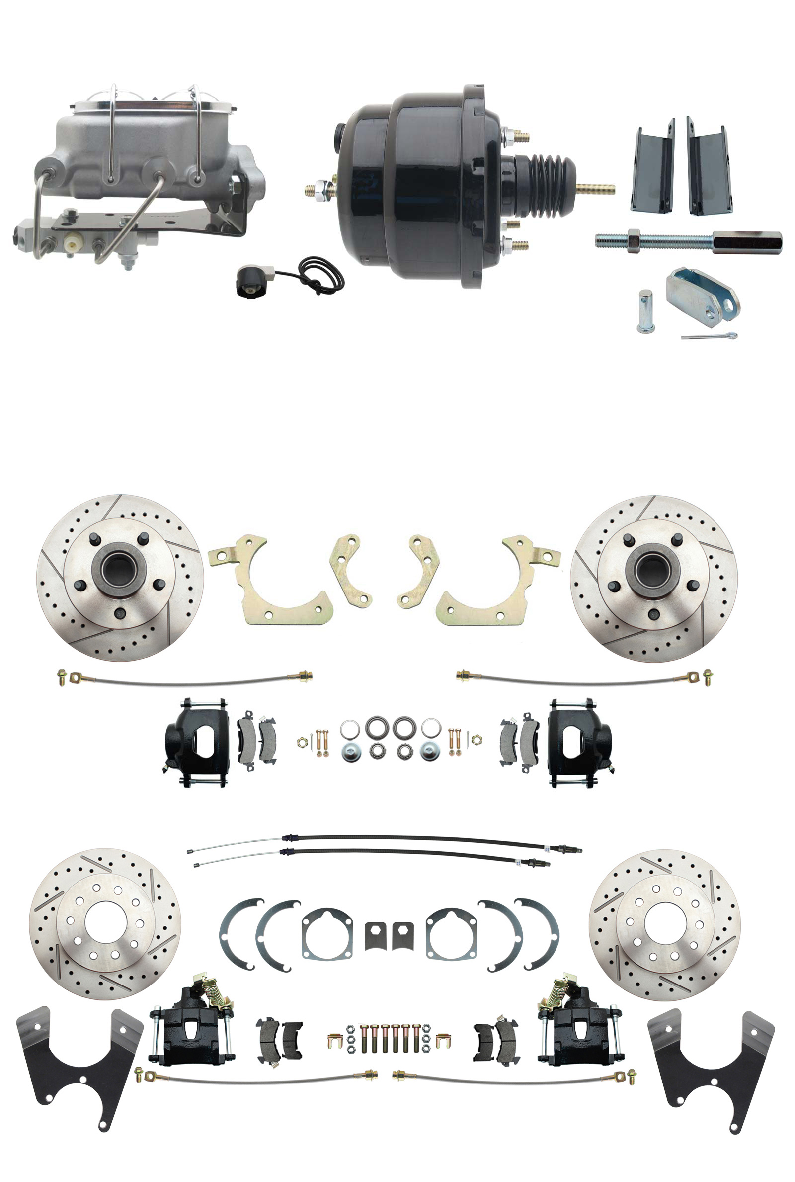 1955-1958 GM Full Size Front & Rear Power Disc Brake Kit Black Powder Coated Calipers Drilled/Slotted Rotors (Impala, Bel Air, Biscayne) & 8 Dual Powder Coated Black Booster Conversion Kit W/ Aluminum Master Cylinder Bo
