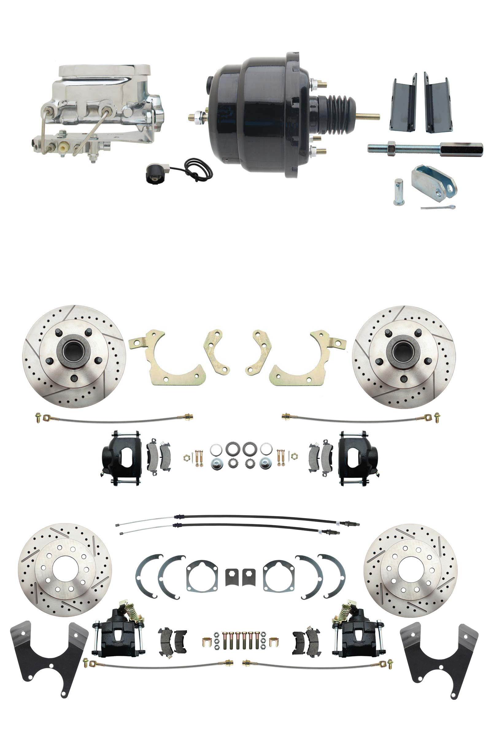 1955-1958 GM Full Size Front & Rear Power Disc Brake Kit Black Powder Coated Calipers Drilled/Slotted Rotors (Impala, Bel Air, Biscayne) & 8 Dual Powder Coated Black Booster Conversion Kit W/ Chrome Flat Top Master Cyli