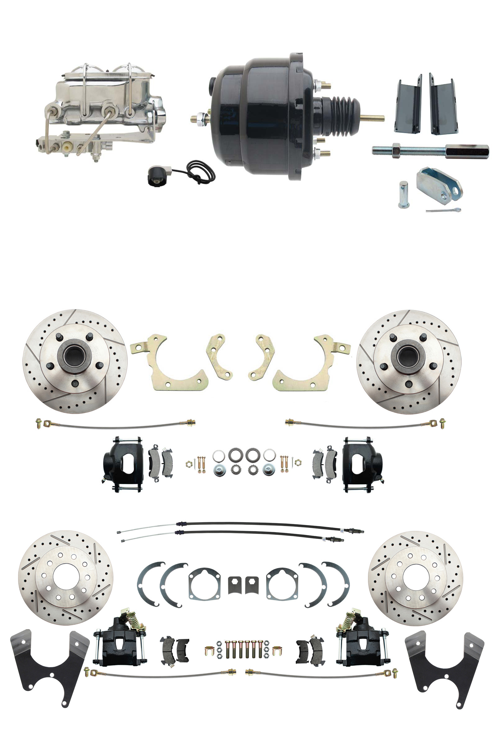 1955-1958 GM Full Size Front & Rear Power Disc Brake Kit Black Powder Coated Calipers Drilled/Slotted Rotors (Impala, Bel Air, Biscayne) & 8 Dual Powder Coated Black Booster Conversion Kit W/ Chrome Master Cylinder Bott