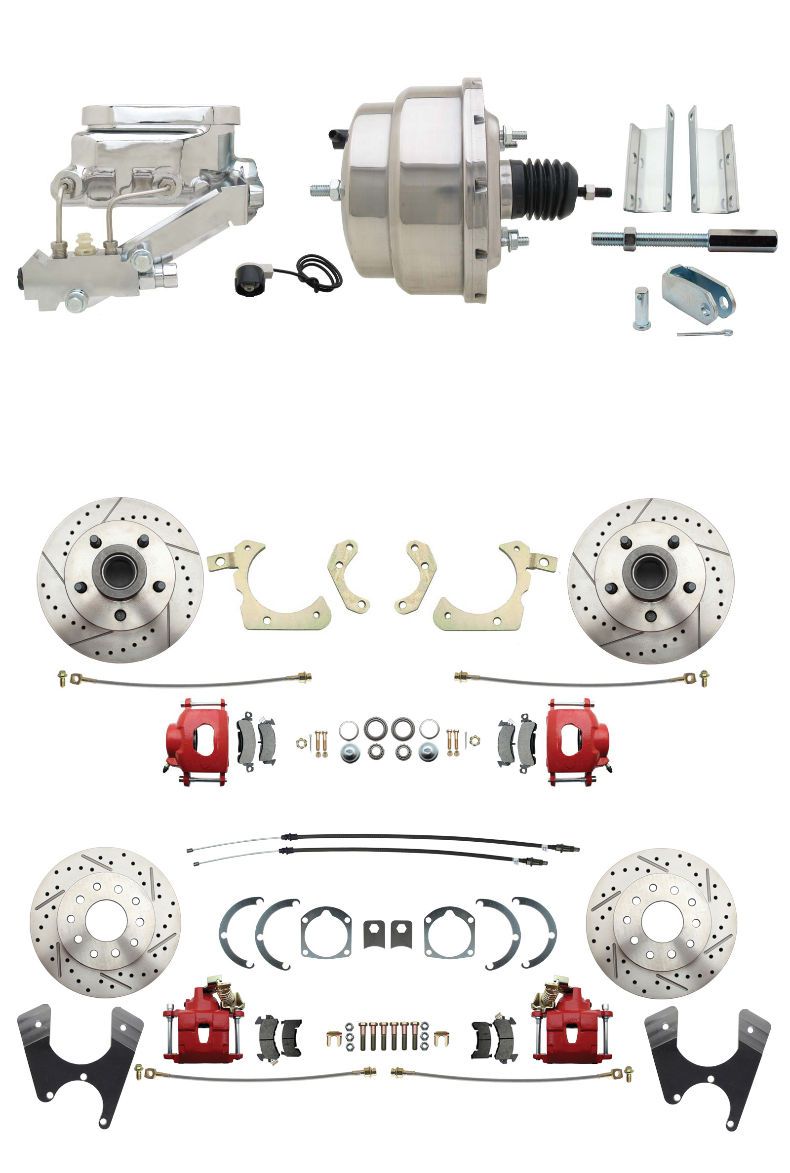 1955-1958 GM Full Size Front & Rear Power Disc Brake Kit Red Powder Coated Calipers Drilled/Slotted Rotors (Impala, Bel Air, Biscayne) & 8 Dual Chrome Booster Conversion Kit W/ Flat Top Chrome Master Cylinder Left Mount