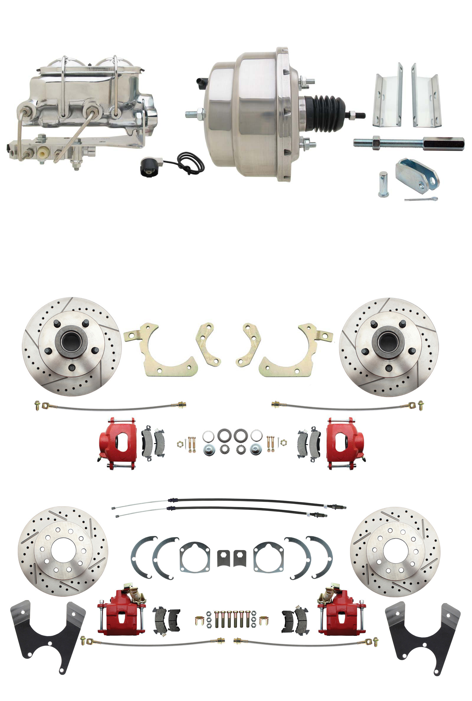 1955-1958 GM Full Size Front & Rear Power Disc Brake Kit Red Powder Coated Calipers Drilled/Slotted Rotors (Impala, Bel Air, Biscayne) & 8 Dual Chrome Booster Conversion Kit W/ Chrome Master Cylinder Bottom Mount Disc/