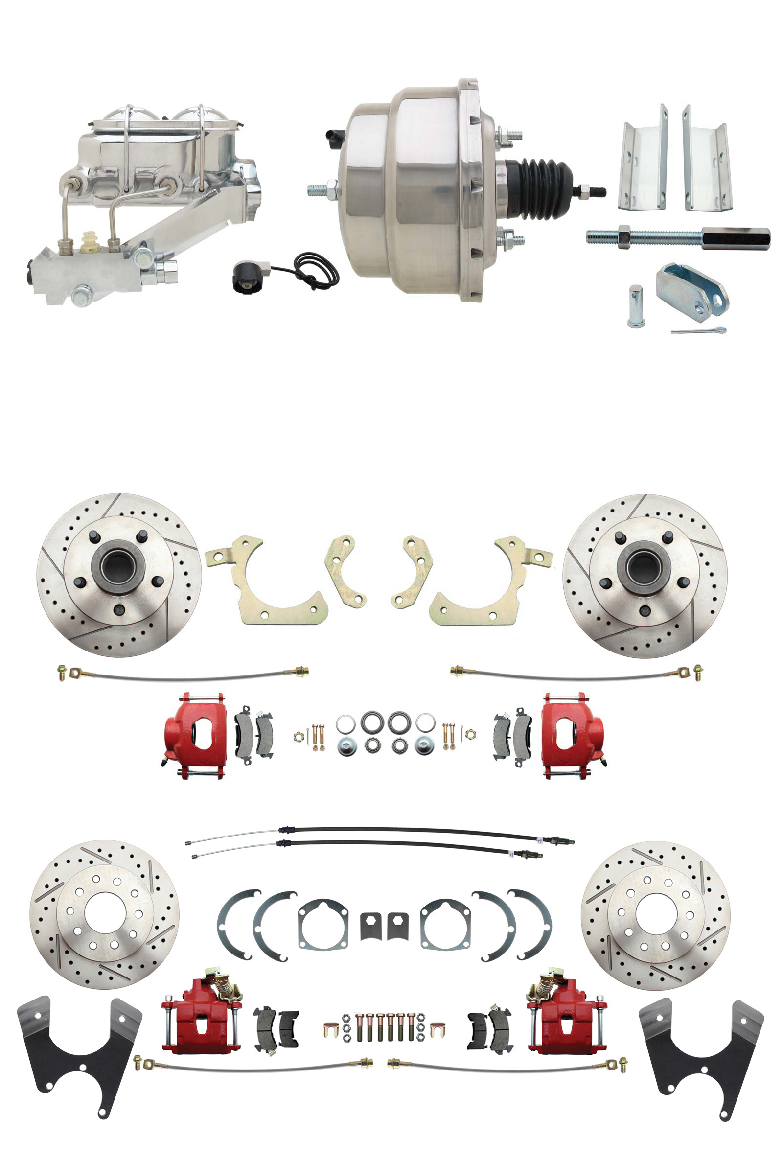 1955-1958 GM Full Size Front & Rear Power Disc Brake Kit Red Powder Coated Calipers Drilled/Slotted Rotors (Impala, Bel Air, Biscayne) & 8 Dual Chrome Booster Conversion Kit W/ Chrome Master Cylinder Left Mount Disc/ Di