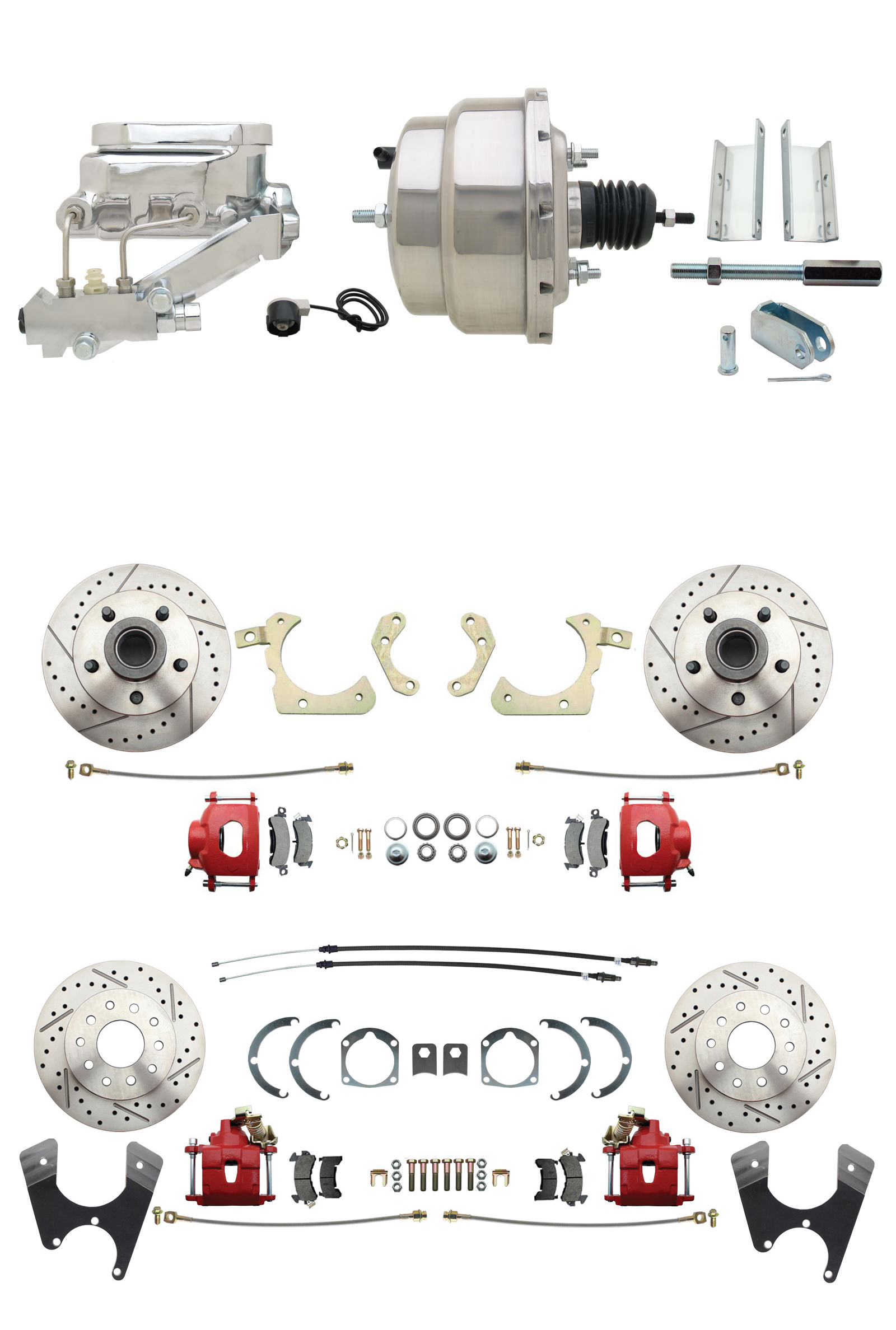 1955-1958 GM Full Size Front & Rear Power Disc Brake Kit Red Powder Coated Calipers Drilled/Slotted Rotors (Impala, Bel Air, Biscayne) & 8 Dual Stainless Steel Booster Conversion Kit W/ Chrome Flat Top Master Cylinder L