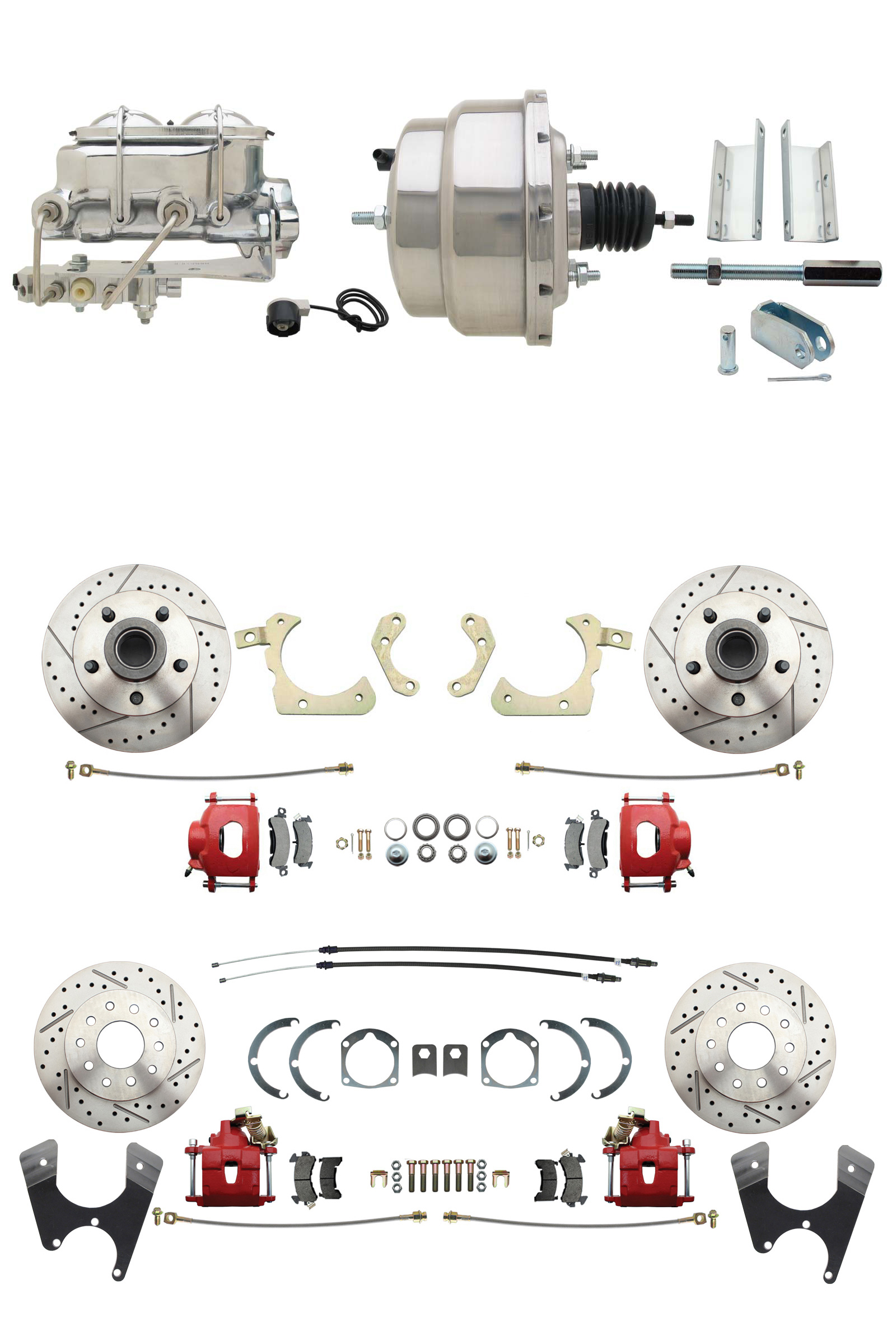 1955-1958 GM Full Size Front & Rear Power Disc Brake Kit Red Powder Coated Calipers Drilled/Slotted Rotors (Impala, Bel Air, Biscayne) & 8 Dual Stainless Steel Conversion Kit W/ Chrome Master Cylinder Bottom Mount Disc/