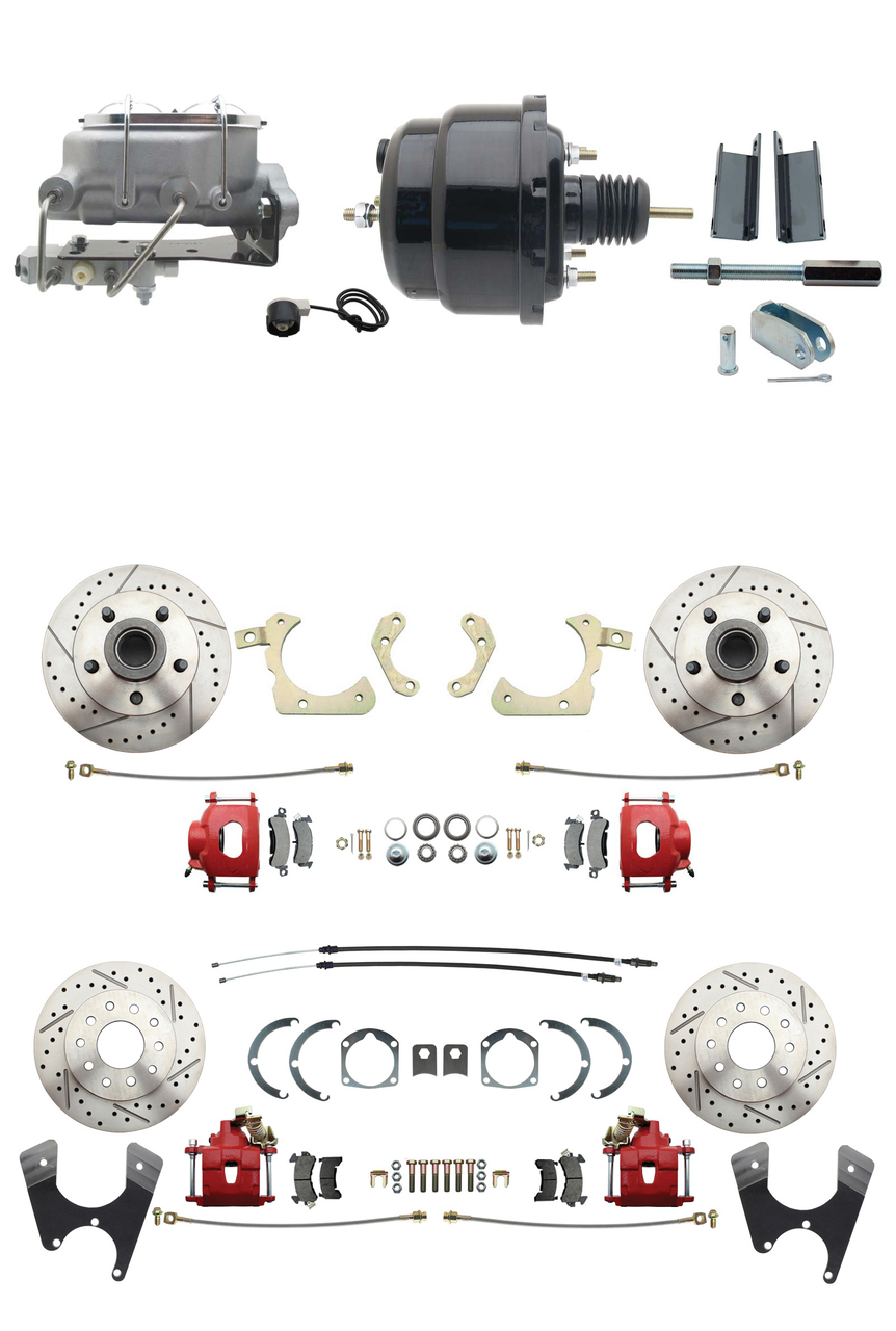 1955-1958 GM Full Size Front & Rear Power Disc Brake Kit Red Powder Coated Calipers Drilled/Slotted Rotors (Impala, Bel Air, Biscayne) & 8 Dual Powder Coated Black Booster Conversion Kit W/ Aluminum Master Cylinder Bott