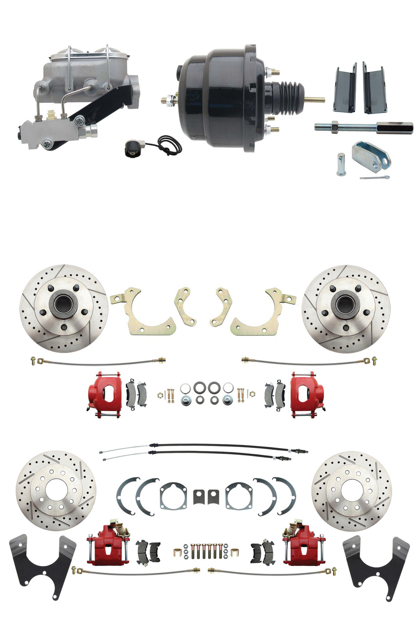 1955-1958 GM Full Size Front & Rear Power Disc Brake Kit Red Powder Coated Calipers Drilled/Slotted Rotors (Impala, Bel Air, Biscayne) & 8 Dual Powder Coated Black Booster Conversion Kit W/ Aluminum Master Cylinder Left