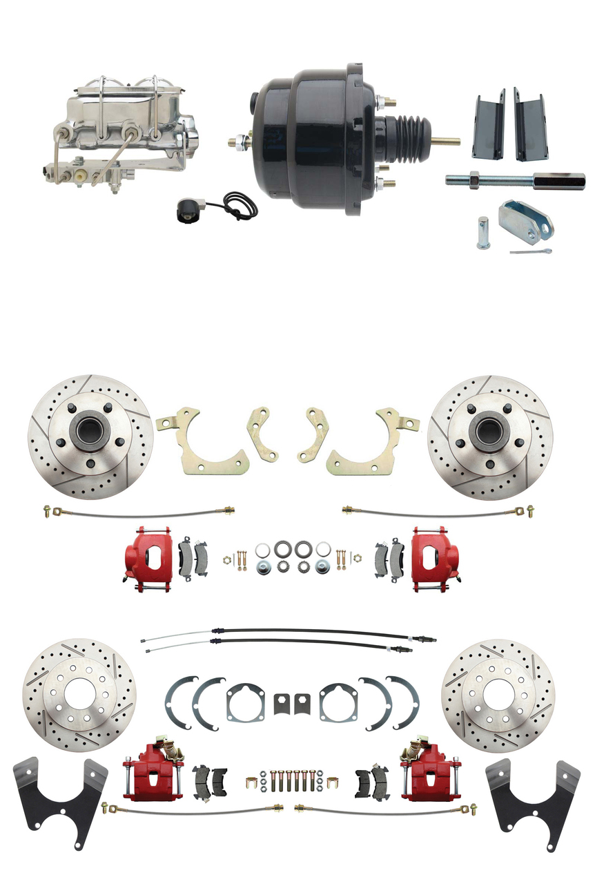 1955-1958 GM Full Size Front & Rear Power Disc Brake Kit Red Powder Coated Calipers Drilled/Slotted Rotors (Impala, Bel Air, Biscayne) & 8 Dual Powder Coated Black Booster Conversion Kit W/ Chrome Master Cylinder Bottom