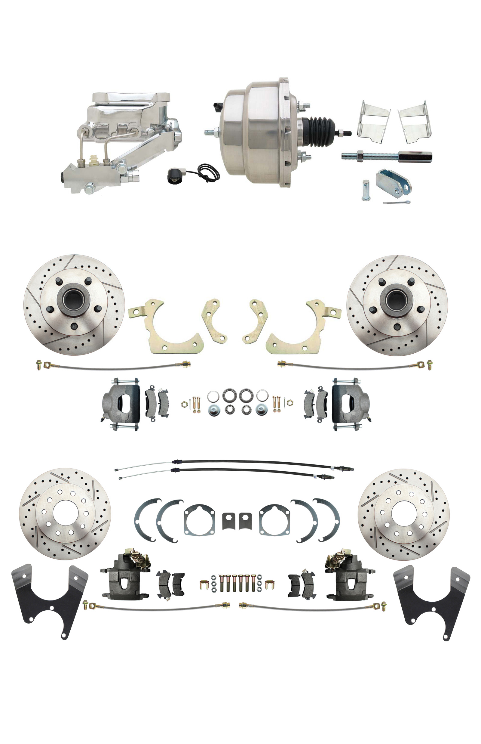 1959-1964 GM Full Size Disc Brake Kit Drilled/Slotted Rotors (Impala, Bel Air, Biscayne) & 8 Dual Stainless Steel Booster Conversion Kit W/ Chrome Flat Top Master Cylinder Left Mount Disc/ Drum Proportioning Valve Kit