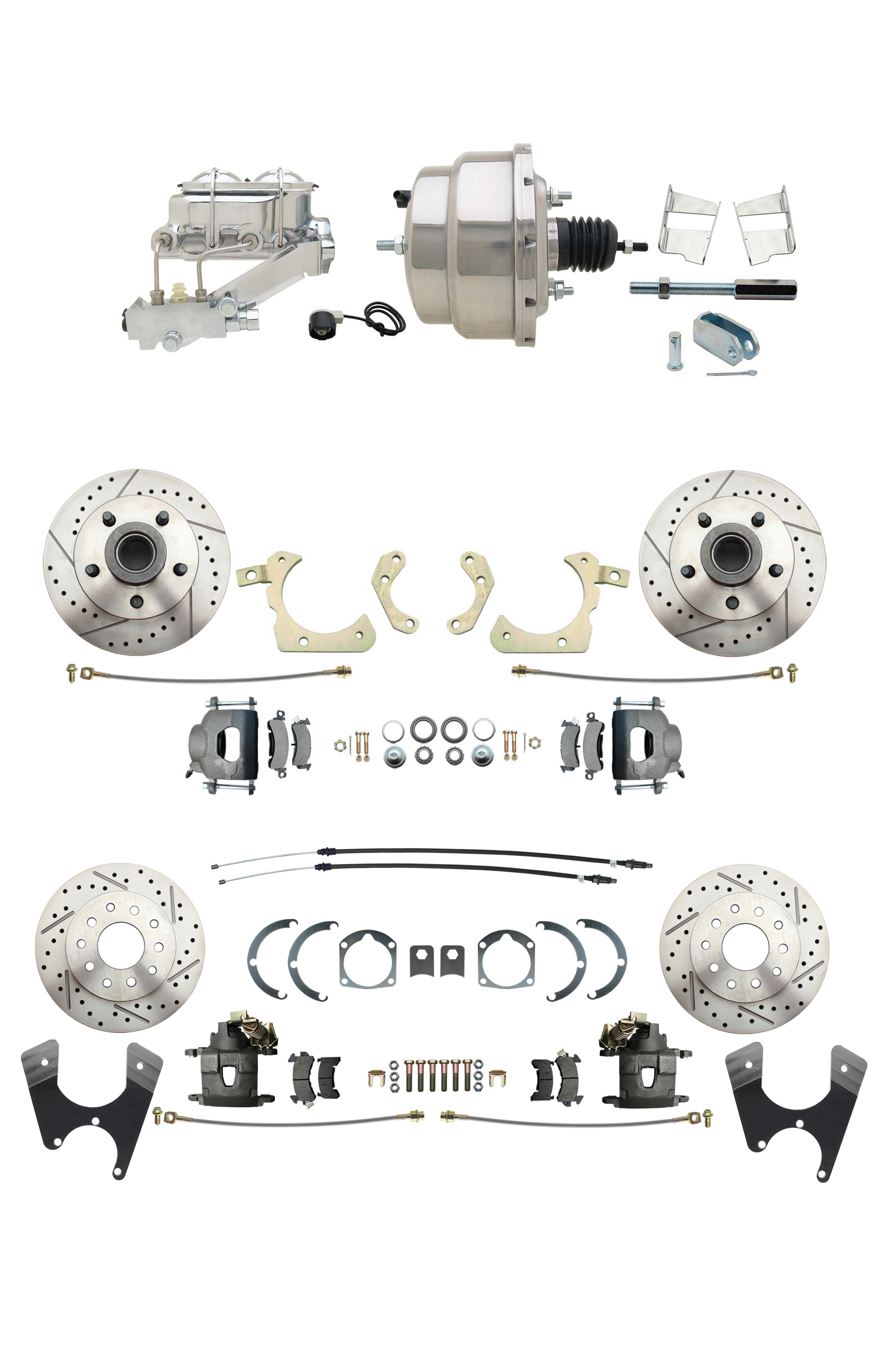 1959-1964 GM Full Size Disc Brake Kit Drilled/Slotted Rotors (Impala, Bel Air, Biscayne) & 8 Dual Stainless Steel Booster Conversion Kit W/ Chrome Master Cylinder Left Mount Disc/ Drum Proportioning Valve Kit
