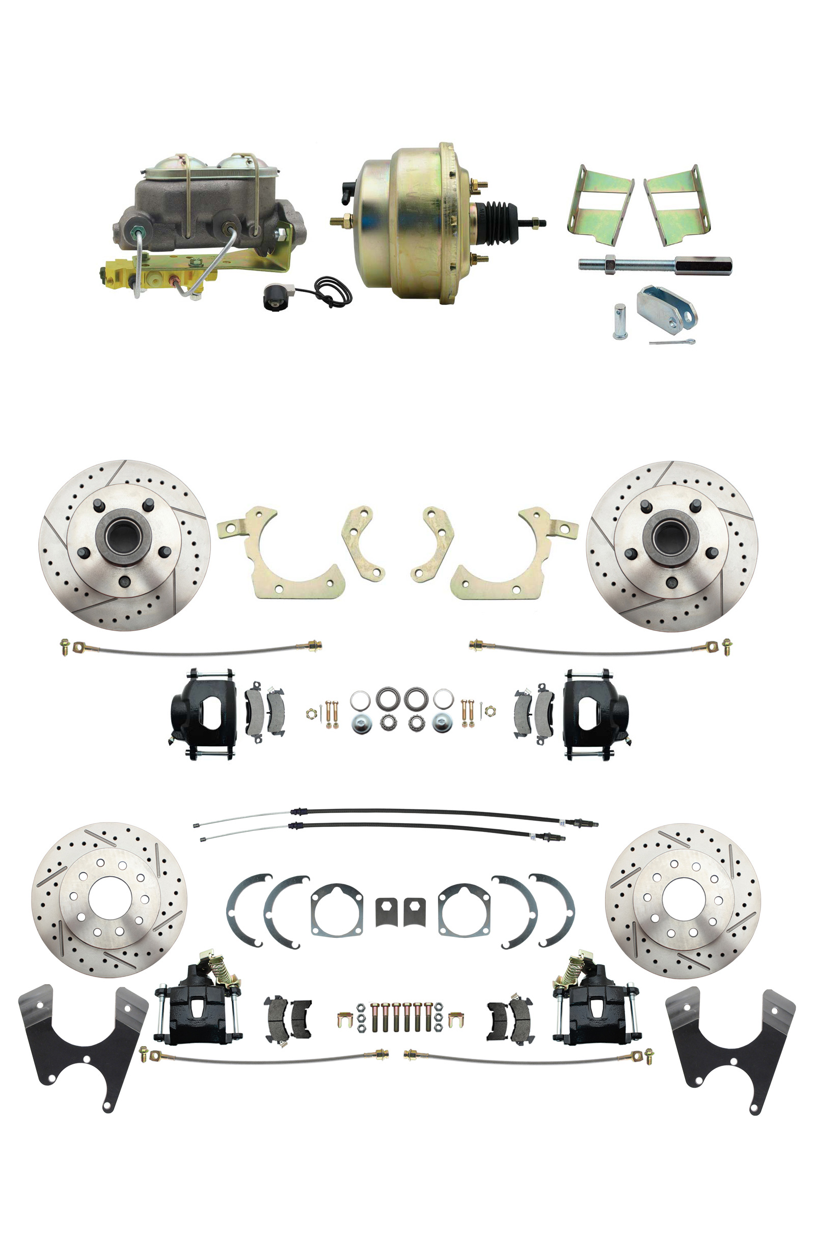 1959-1964 GM Full Size Front & Rear Power Disc Brake Kit Black Powder Coated Calipers Drilled/Slotted Rotors (Impala, Bel Air, Biscayne) & 8 Dual Zinc Booster Conversion Kit W/ Cast Iron Master Cylinder Bottom Mount Dis