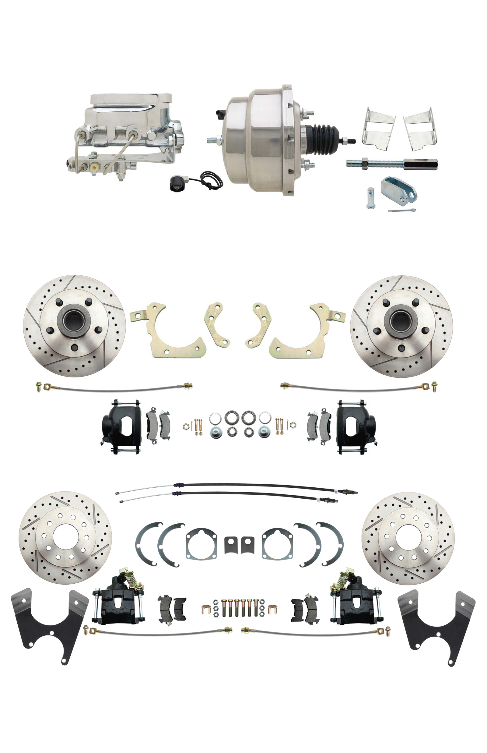 1959-1964 GM Full Size Front & Rear Power Disc Brake Kit Black Powder Coated Calipers Drilled/Slotted Rotors (Impala, Bel Air, Biscayne) & 8 Dual Chrome Booster Conversion Kit W/ Flat Top Chrome Master Cylinder Bottom M