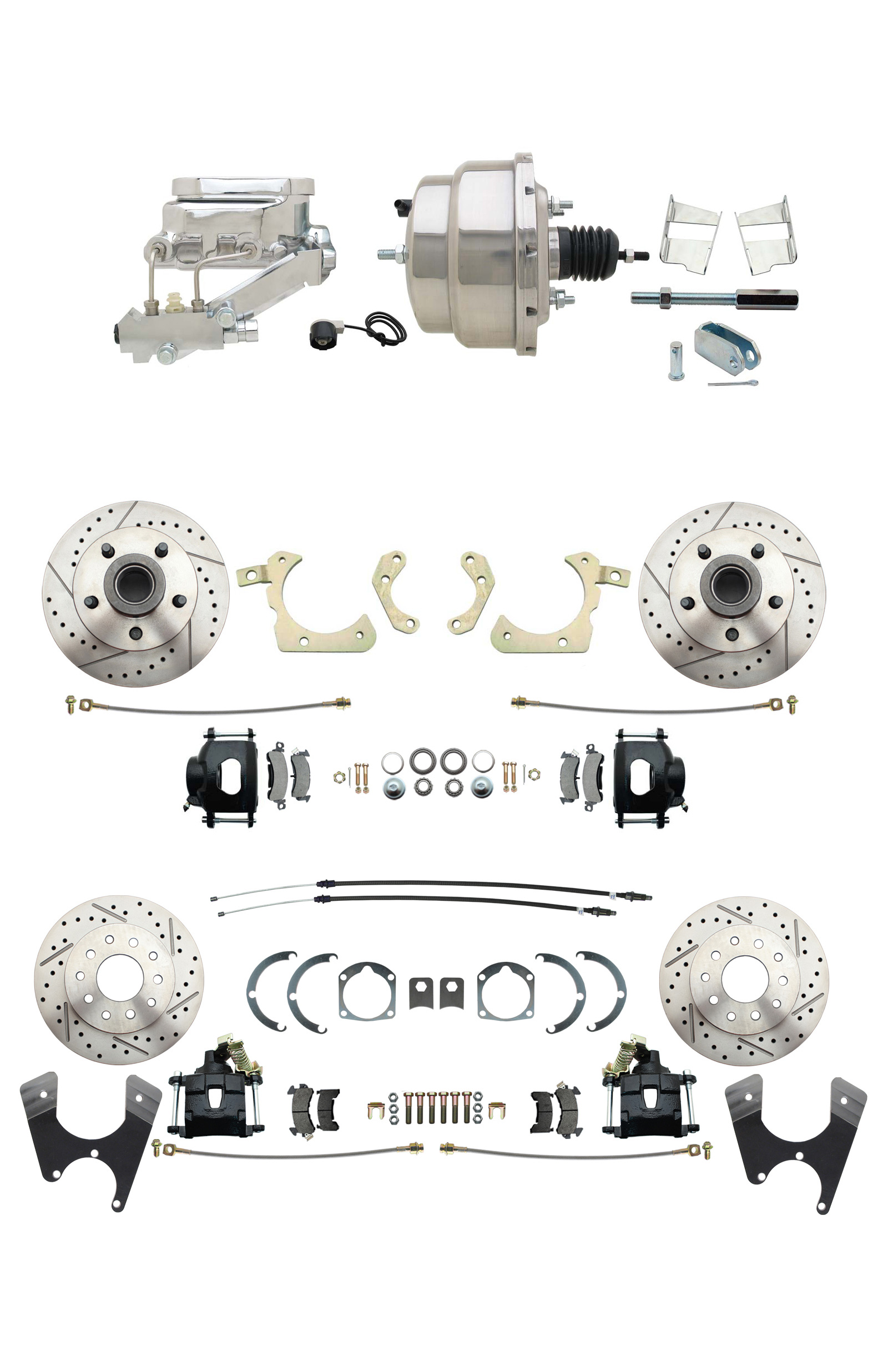 1959-1964 GM Full Size Front & Rear Power Disc Brake Kit Black Powder Coated Calipers Drilled/Slotted Rotors (Impala, Bel Air, Biscayne) & 8 Dual Chrome Booster Conversion Kit W/ Flat Top Chrome Master Cylinder Left Mou