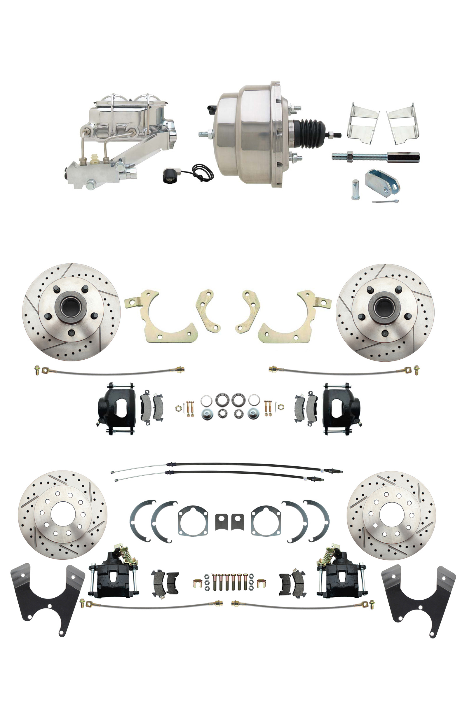 1959-1964 GM Full Size Front & Rear Power Disc Brake Kit Black Powder Coated Calipers Drilled/Slotted Rotors (Impala, Bel Air, Biscayne) & 8 Dual Chrome Booster Conversion Kit W/ Chrome Master Cylinder Left Mount Disc/
