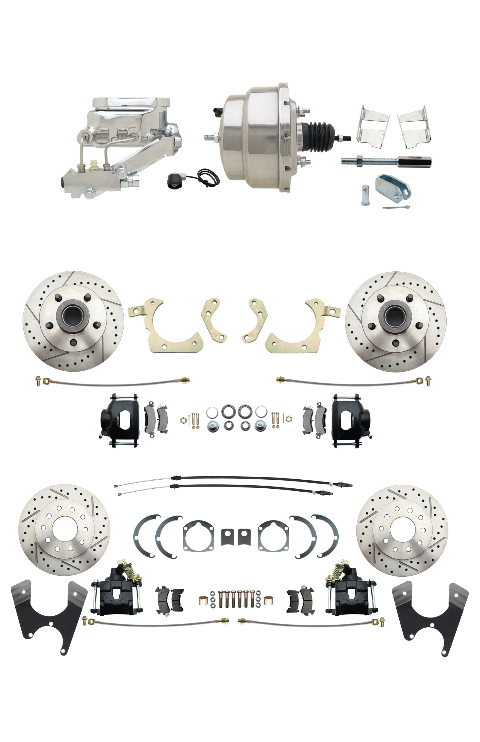 1959-1964 GM Full Size Front & Rear Power Disc Brake Kit Black Powder Coated Calipers Drilled/Slotted Rotors (Impala, Bel Air, Biscayne) & 8 Dual Stainless Steel Booster Conversion Kit W/ Chrome Flat Top Master Cylinder