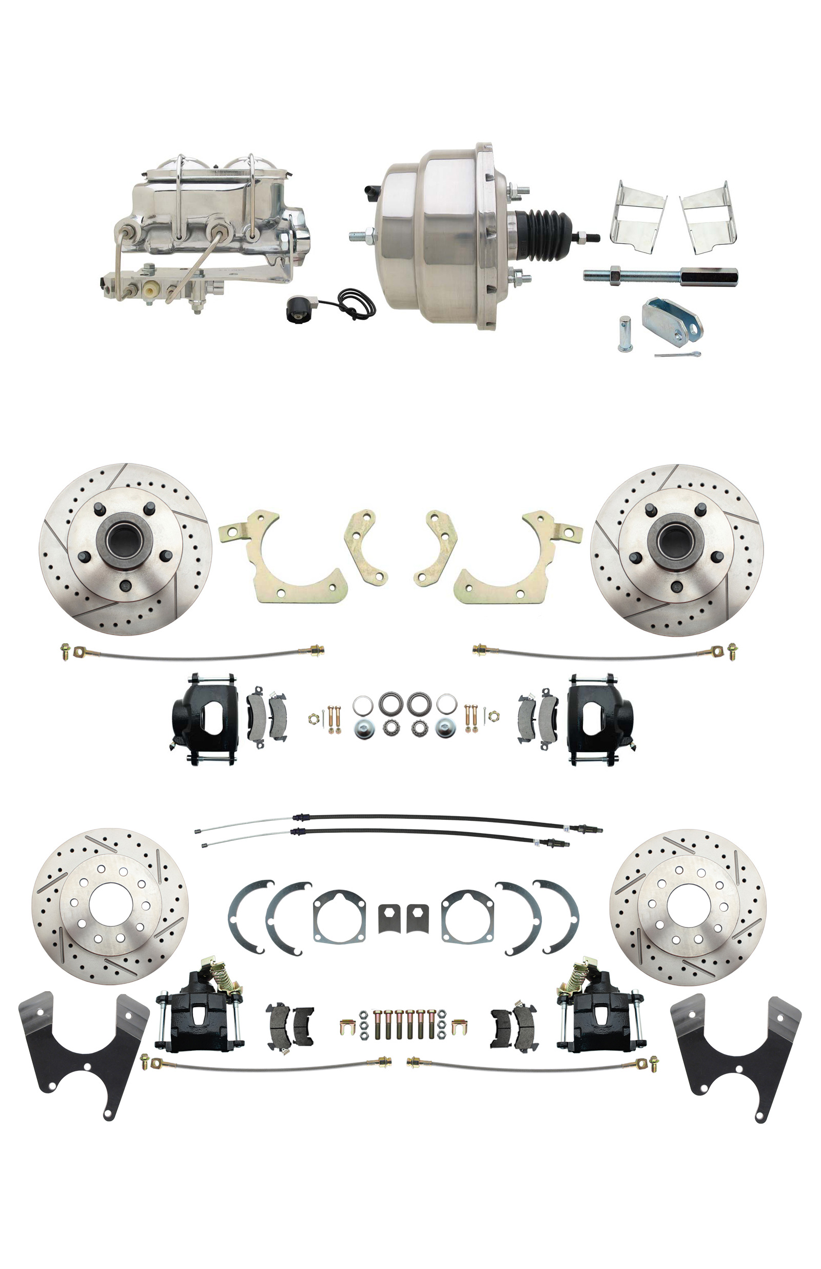 1959-1964 GM Full Size Front & Rear Power Disc Brake Kit Black Powder Coated Calipers Drilled/Slotted Rotors (Impala, Bel Air, Biscayne) & 8 Dual Stainless Steel Conversion Kit W/ Chrome Master Cylinder Bottom Mount Dis