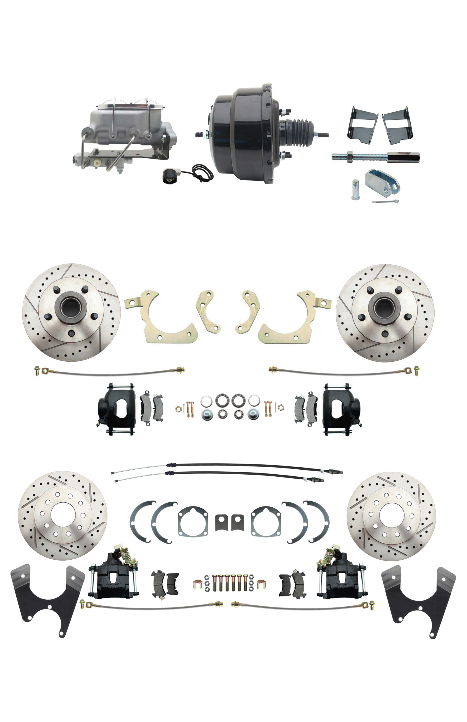 1959-1964 GM Full Size Front & Rear Power Disc Brake Kit Black Powder Coated Calipers Drilled/Slotted Rotors (Impala, Bel Air, Biscayne) & 8 Dual Powder Coated Black Booster Conversion Kit W/ Aluminum Master Cylinder Bo