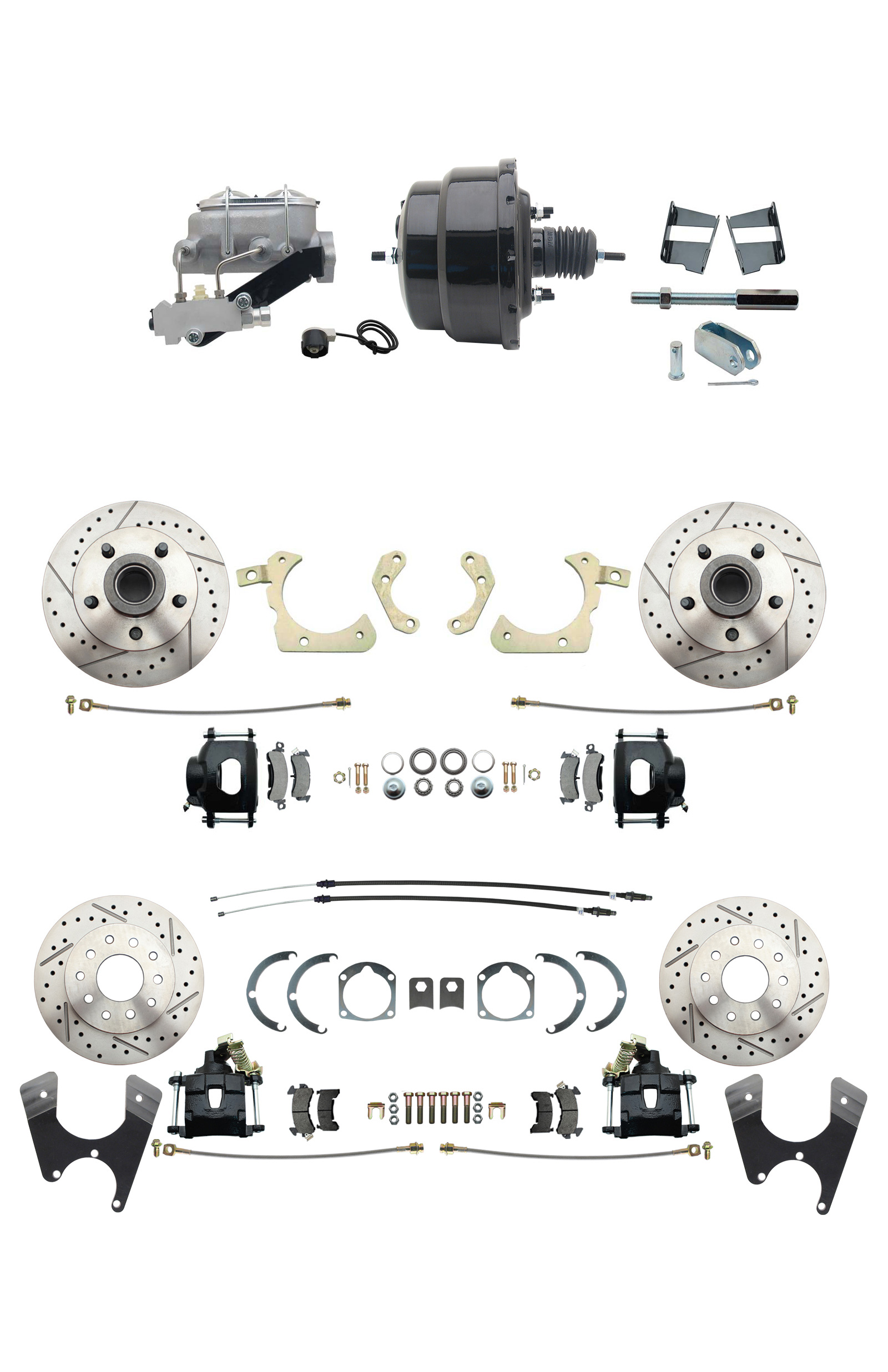 1959-1964 GM Full Size Front & Rear Power Disc Brake Kit Black Powder Coated Calipers Drilled/Slotted Rotors (Impala, Bel Air, Biscayne) & 8 Dual Powder Coated Black Booster Conversion Kit W/ Aluminum Master Cylinder Le