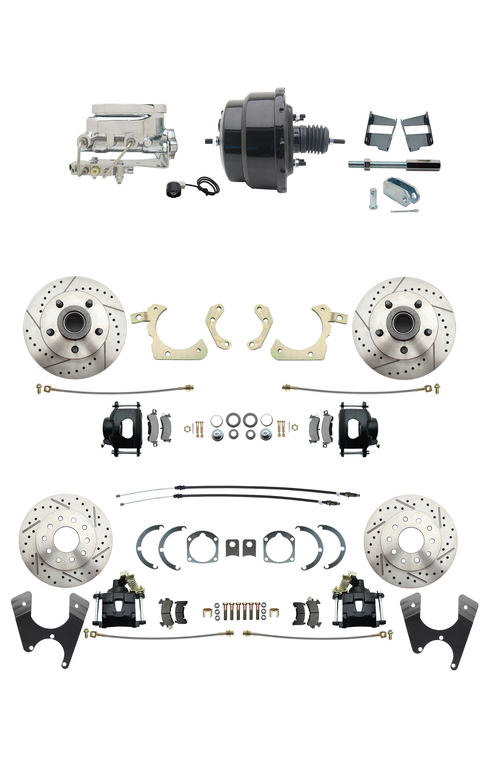 1959-1964 GM Full Size Front & Rear Power Disc Brake Kit Black Powder Coated Calipers Drilled/Slotted Rotors (Impala, Bel Air, Biscayne) & 8 Dual Powder Coated Black Booster Conversion Kit W/ Chrome Flat Top Master Cyli