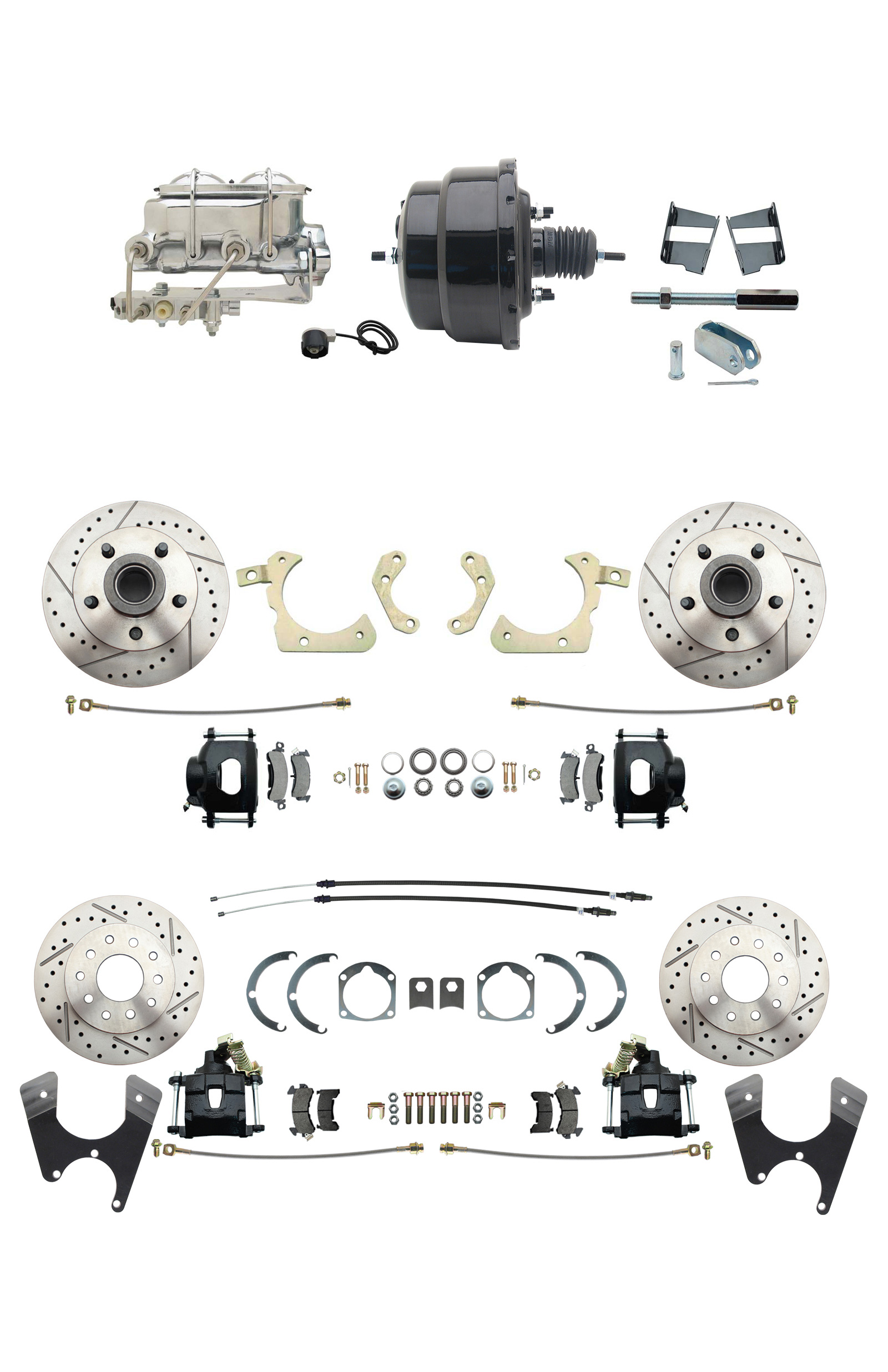 1959-1964 GM Full Size Front & Rear Power Disc Brake Kit Black Powder Coated Calipers Drilled/Slotted Rotors (Impala, Bel Air, Biscayne) & 8 Dual Powder Coated Black Booster Conversion Kit W/ Chrome Master Cylinder Bott