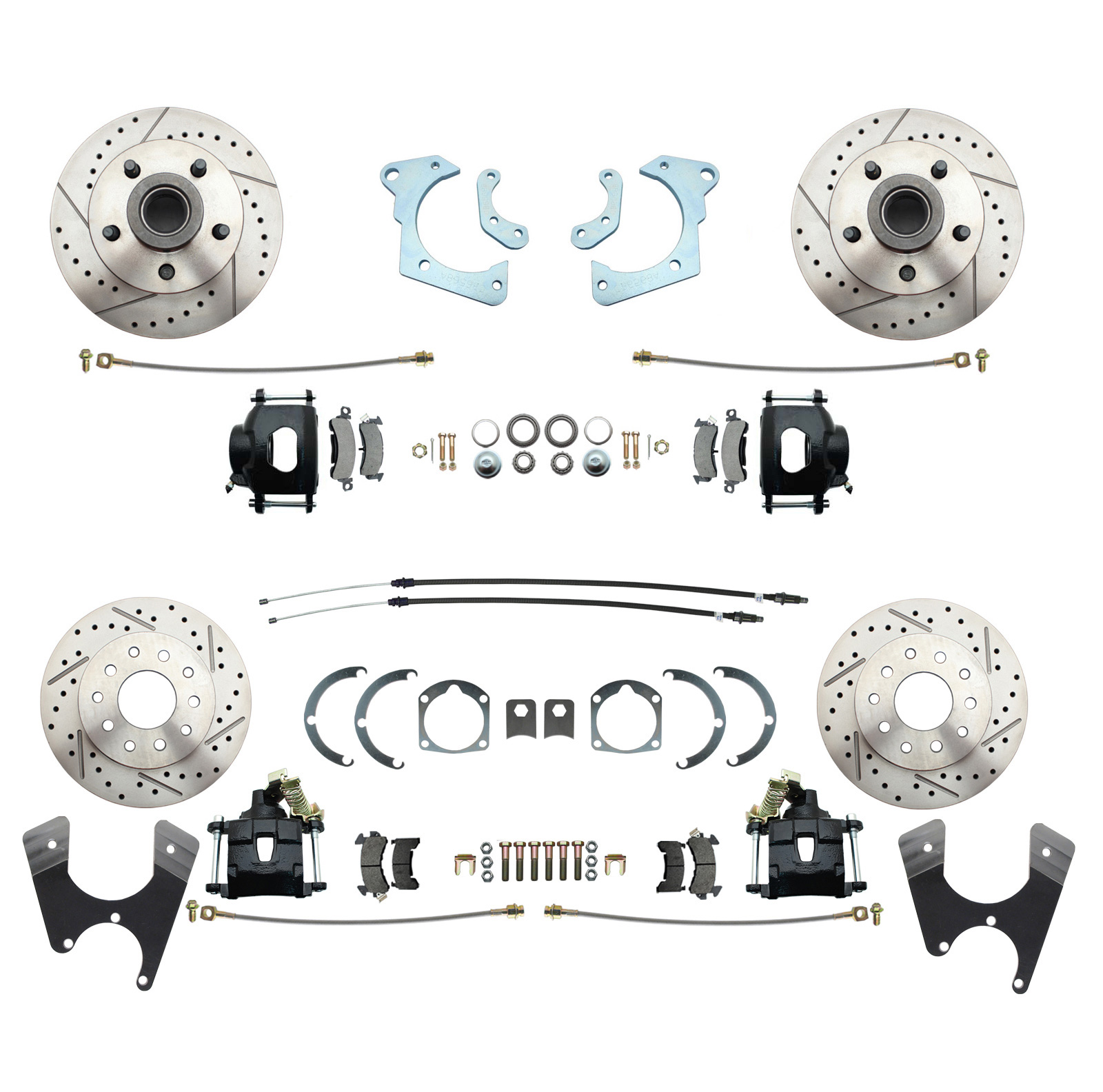 1959-1964 Full Size Chevy Complete Front & Rear Disc Brake Conversion Kit W/ Powder Coated Black Calipers & Drilled/ Slotted Rotors