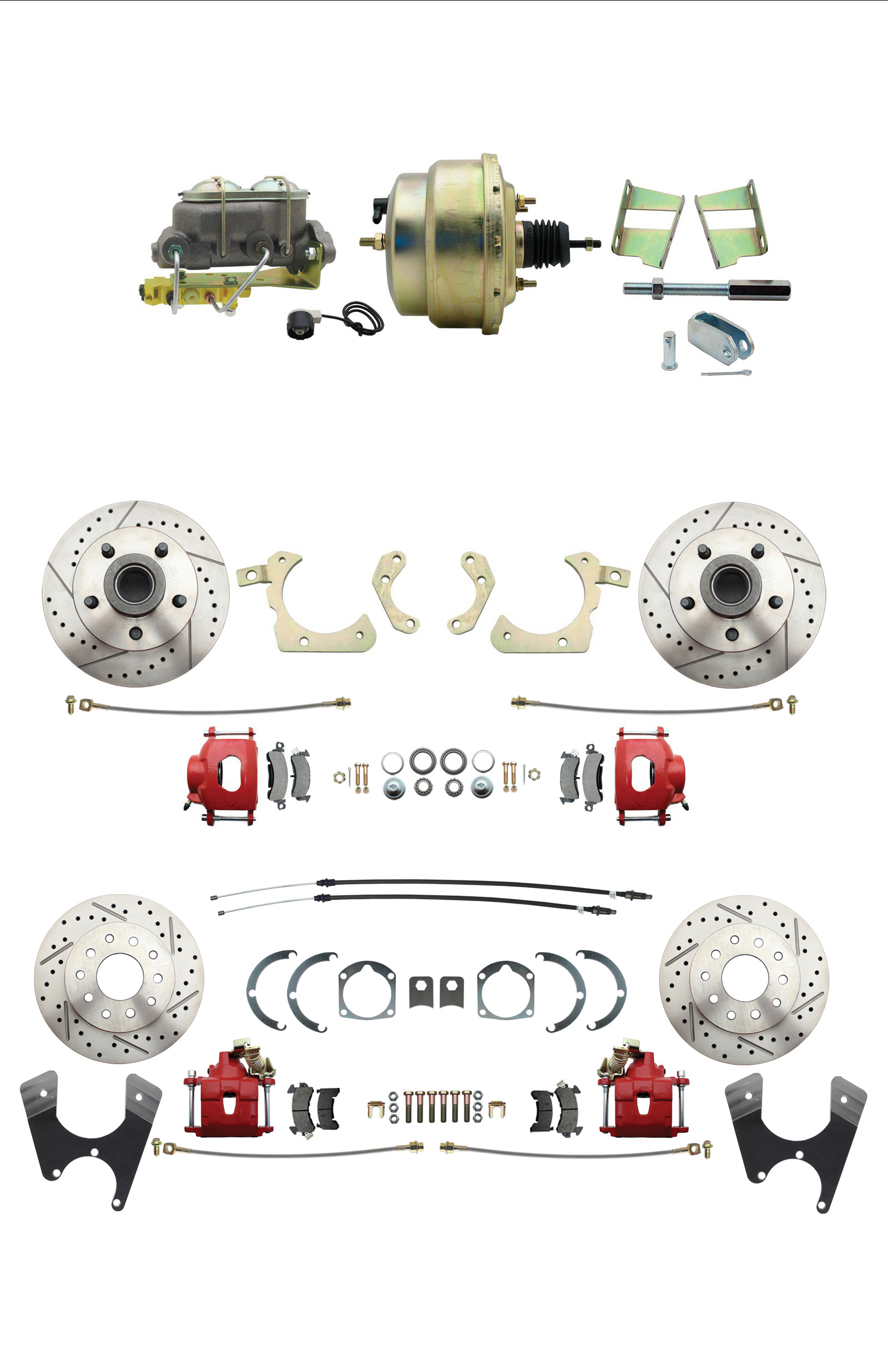 1959-1964 GM Full Size Front & Rear Power Disc Brake Kit Red Powder Coated Calipers Drilled/Slotted Rotors (Impala, Bel Air, Biscayne) & 8 Dual Zinc Booster Conversion Kit W/ Cast Iron Master Cylinder Bottom Mount Disc/