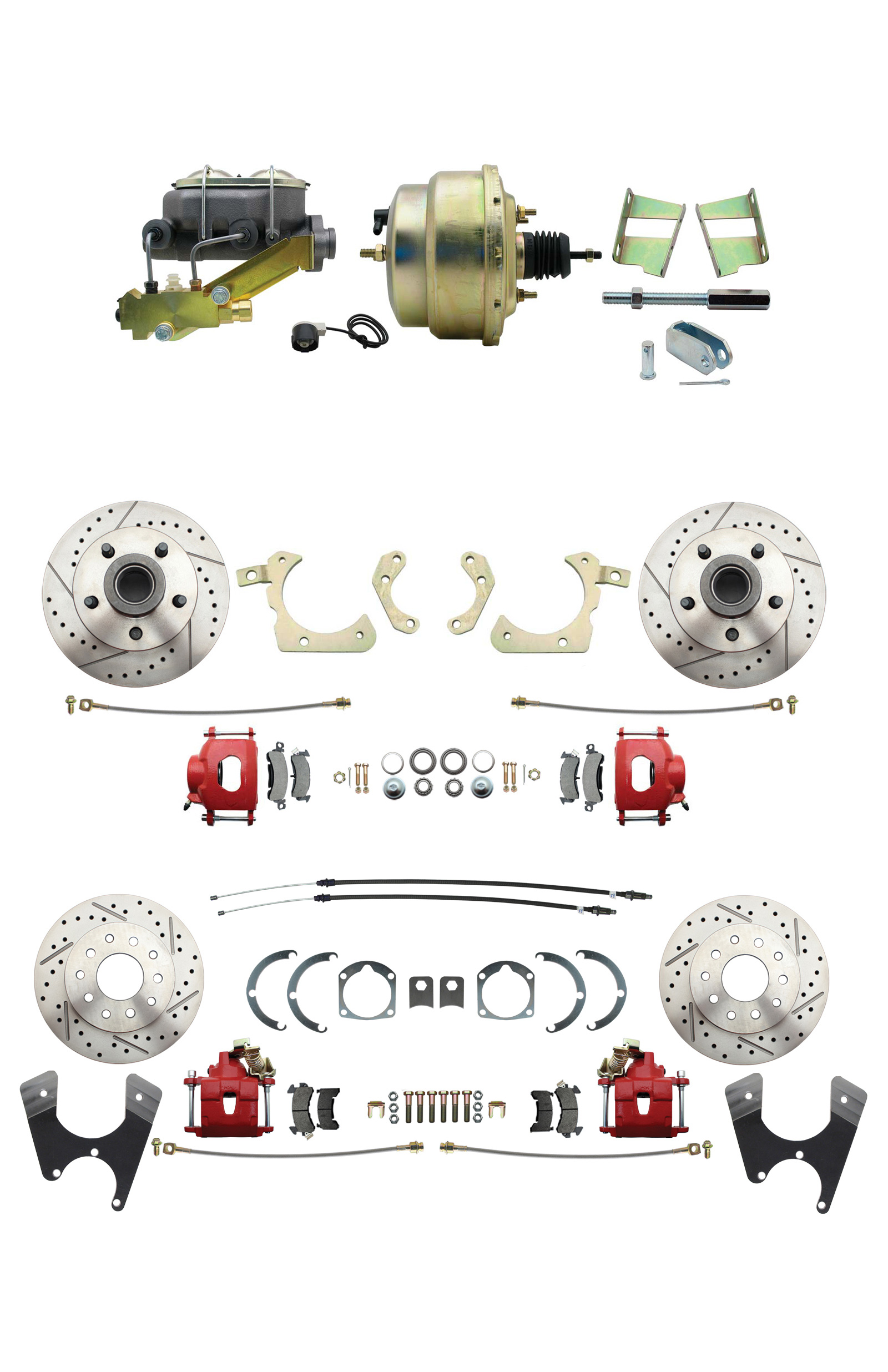 1959-1964 GM Full Size Front & Rear Power Disc Brake Kit Red Powder Coated Calipers Drilled/Slotted Rotors (Impala, Bel Air, Biscayne) & 8 Dual Zinc Booster Conversion Kit W/ Cast Iron Master Cylinder Left Mount Disc/ D
