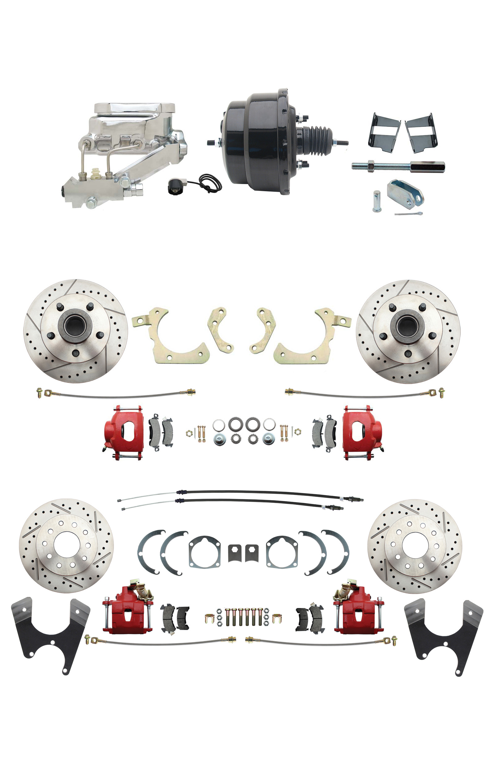 1959-1964 GM Full Size Front & Rear Power Disc Brake Kit Red Powder Coated Calipers Drilled/Slotted Rotors (Impala, Bel Air, Biscayne) & 8 Dual Chrome Booster Conversion Kit W/ Flat Top Chrome Master Cylinder Bottom Mou