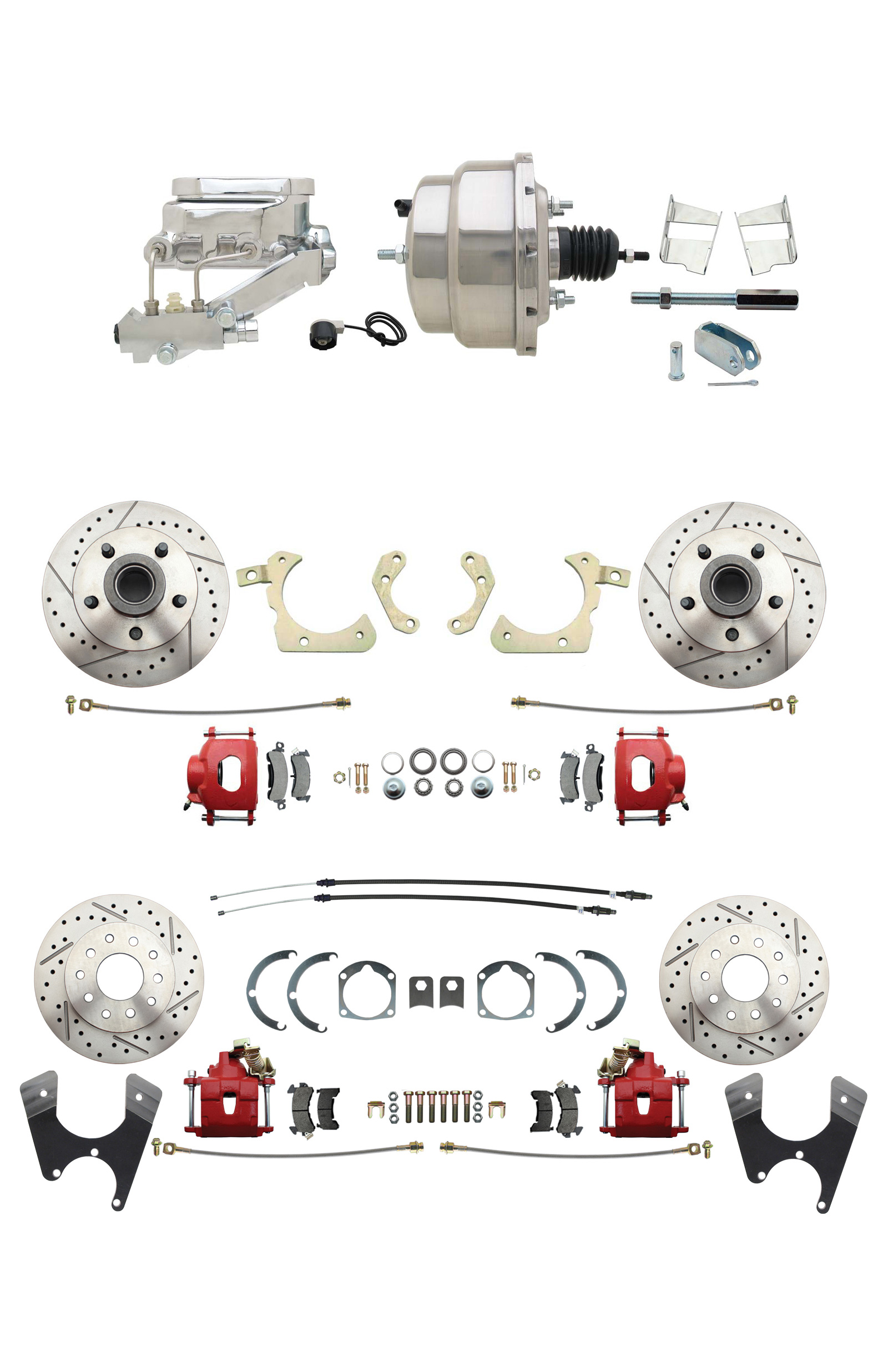 1959-1964 GM Full Size Front & Rear Power Disc Brake Kit Red Powder Coated Calipers Drilled/Slotted Rotors (Impala, Bel Air, Biscayne) & 8 Dual Chrome Booster Conversion Kit W/ Flat Top Chrome Master Cylinder Left Mount