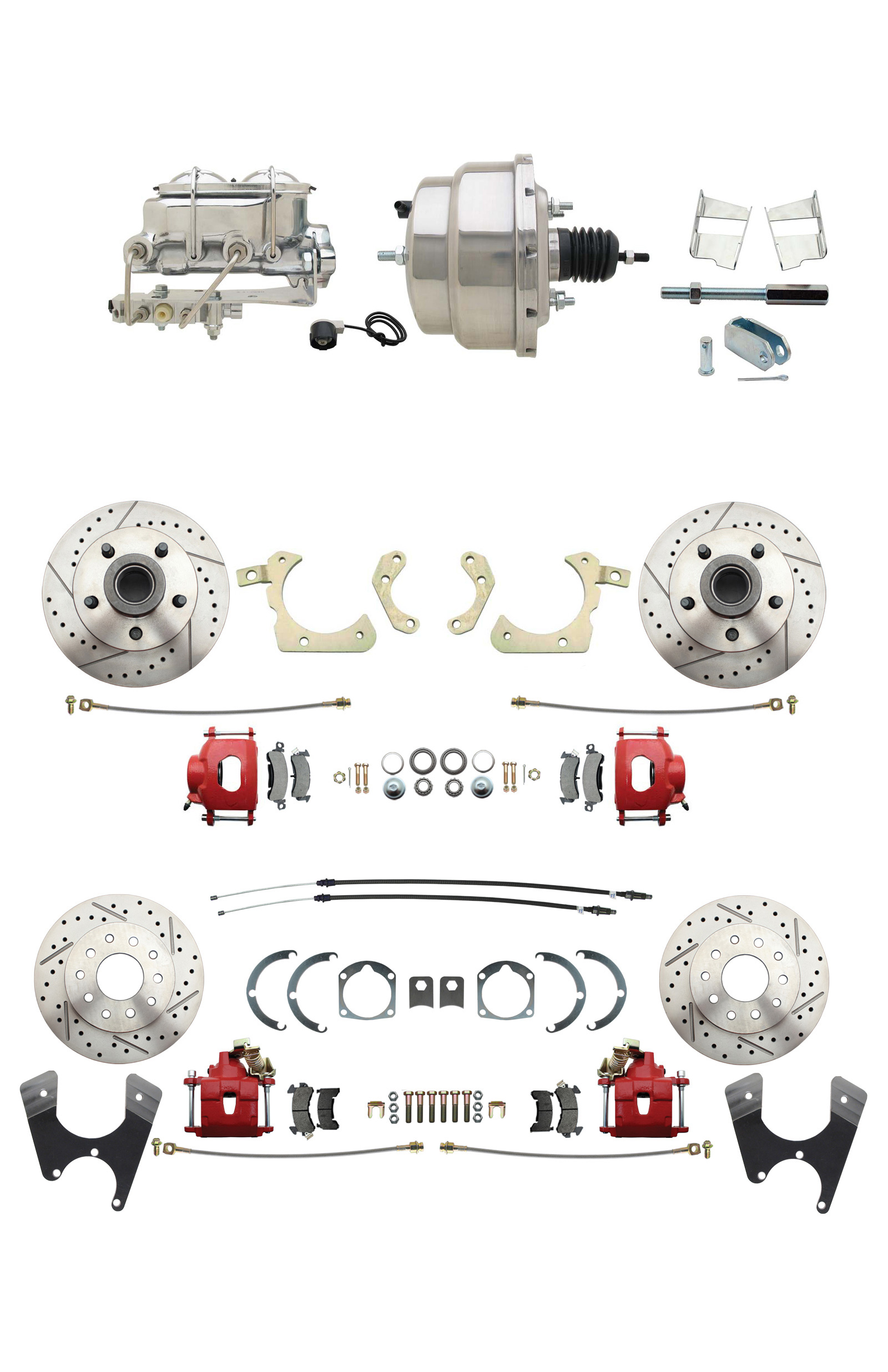 1959-1964 GM Full Size Front & Rear Power Disc Brake Kit Red Powder Coated Calipers Drilled/Slotted Rotors (Impala, Bel Air, Biscayne) & 8 Dual Stainless Steel Conversion Kit W/ Chrome Master Cylinder Bottom Mount Disc/