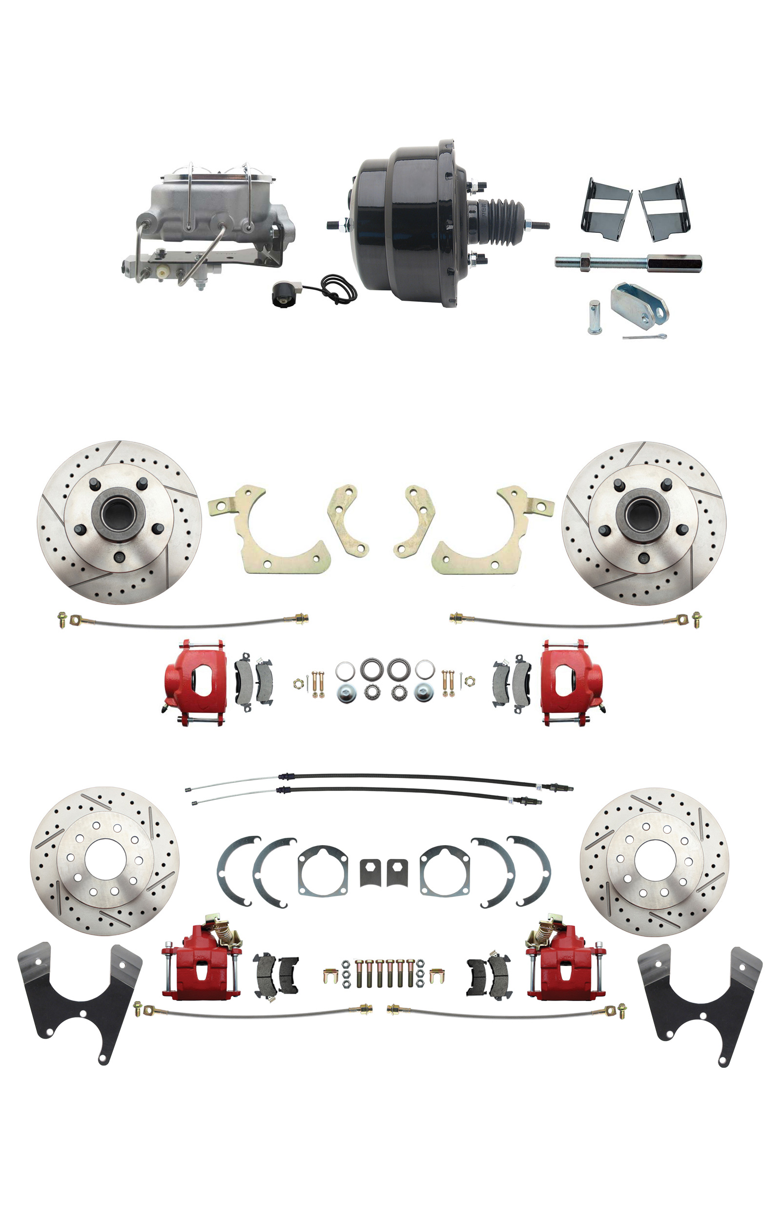 1959-1964 GM Full Size Front & Rear Power Disc Brake Kit Red Powder Coated Calipers Drilled/Slotted Rotors (Impala, Bel Air, Biscayne) & 8 Dual Powder Coated Black Booster Conversion Kit W/ Aluminum Master Cylinder Bott