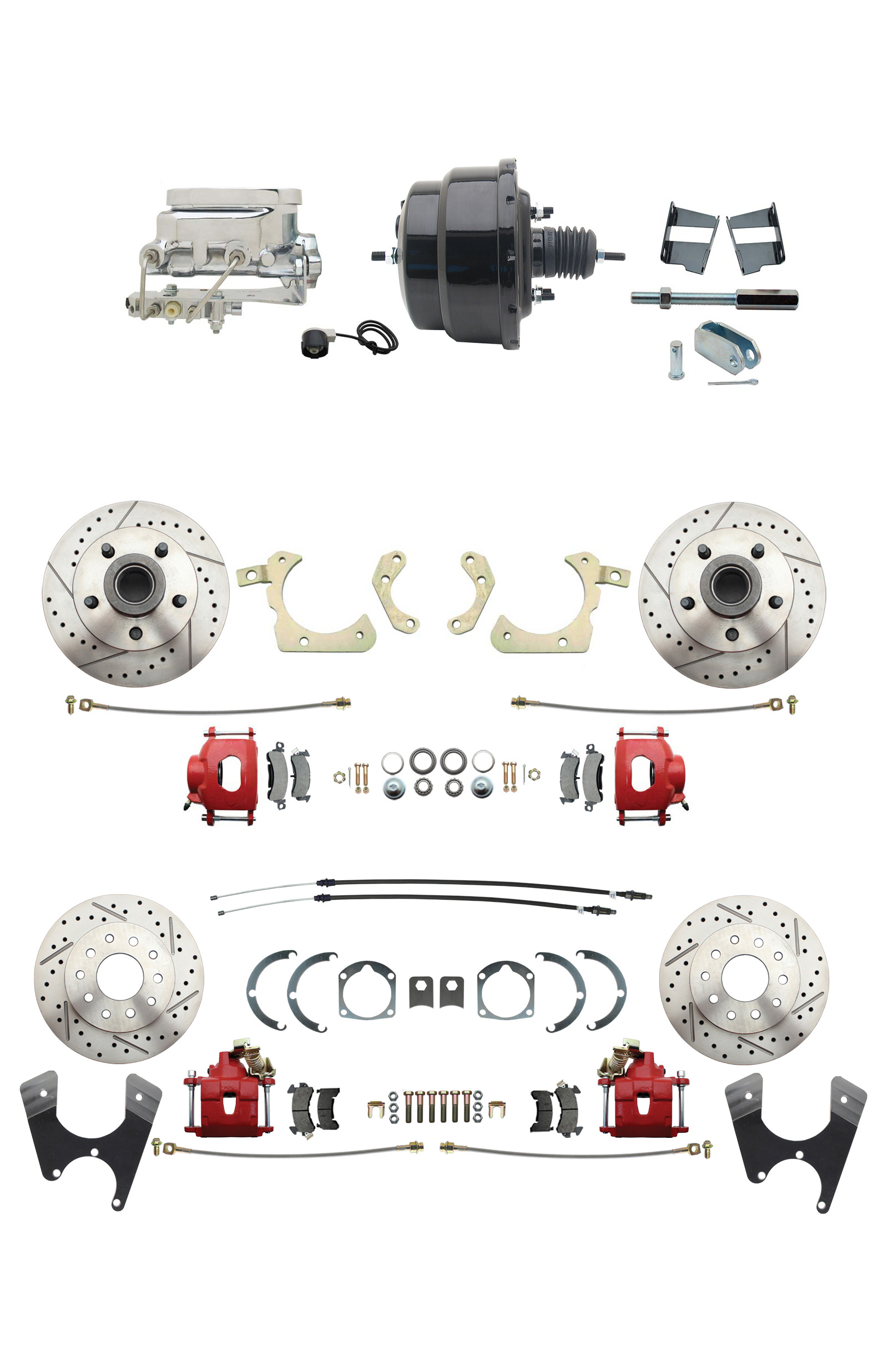 1959-1964 GM Full Size Front & Rear Power Disc Brake Kit Red Powder Coated Calipers Drilled/Slotted Rotors (Impala, Bel Air, Biscayne) & 8 Dual Powder Coated Black Booster Conversion Kit W/ Chrome Flat Top Master Cylind