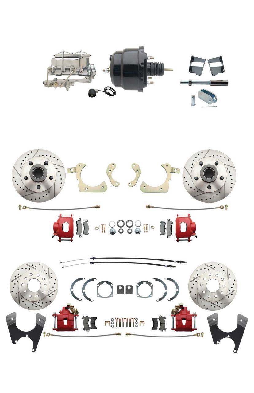 1959-1964 GM Full Size Front & Rear Power Disc Brake Kit Red Powder Coated Calipers Drilled/Slotted Rotors (Impala, Bel Air, Biscayne) & 8 Dual Powder Coated Black Booster Conversion Kit W/ Chrome Master Cylinder Bottom
