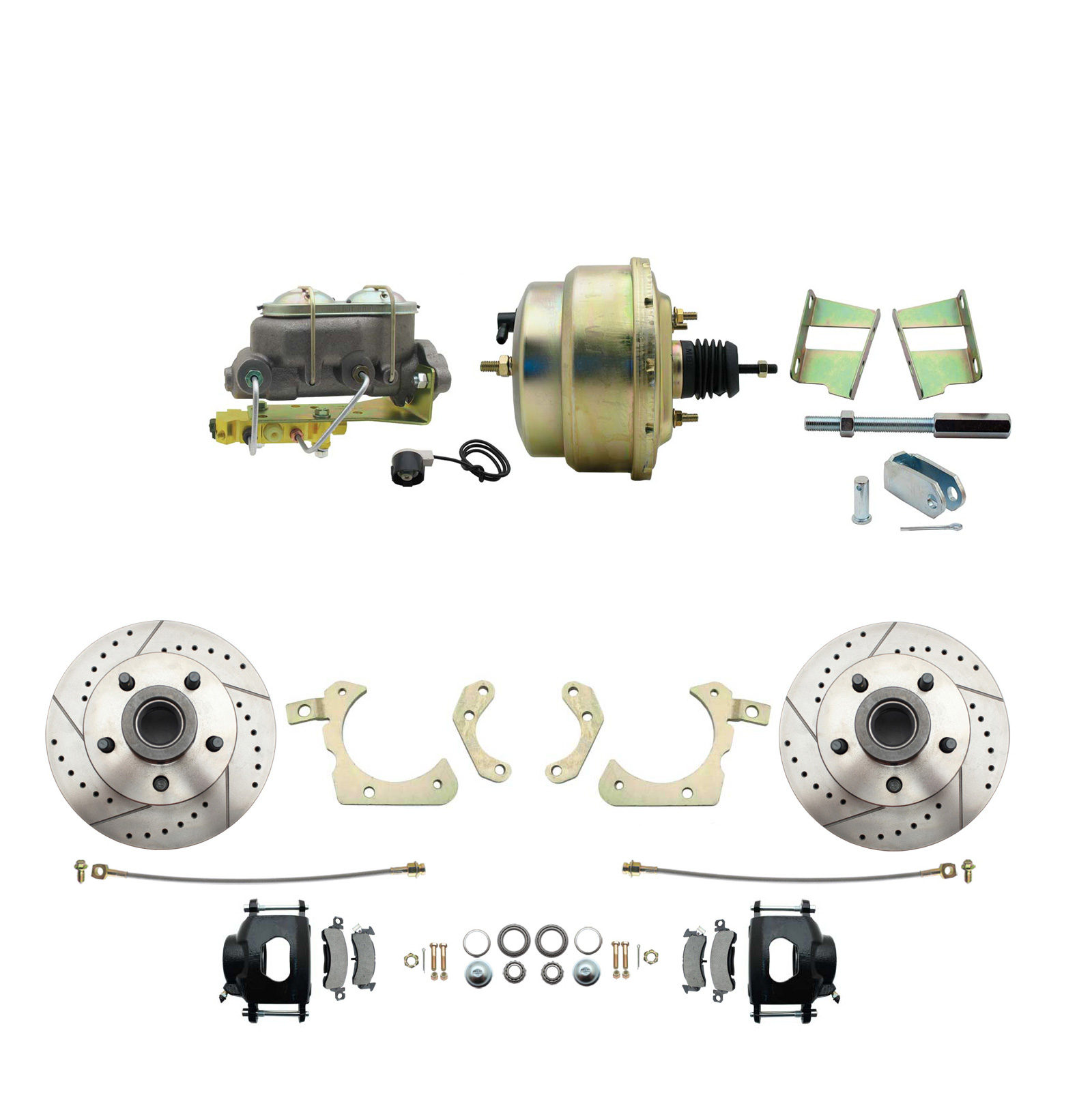 1959-1964 GM Full Size Front Disc Brake Kit Black Powder Coated Calipers Drilled/Slotted Rotors (Impala, Bel Air, Biscayne) & 8 Dual Zinc Booster Conversion Kit W/ Cast Iron Master Cylinder Bottom Mount Disc/ Drum Proportioni