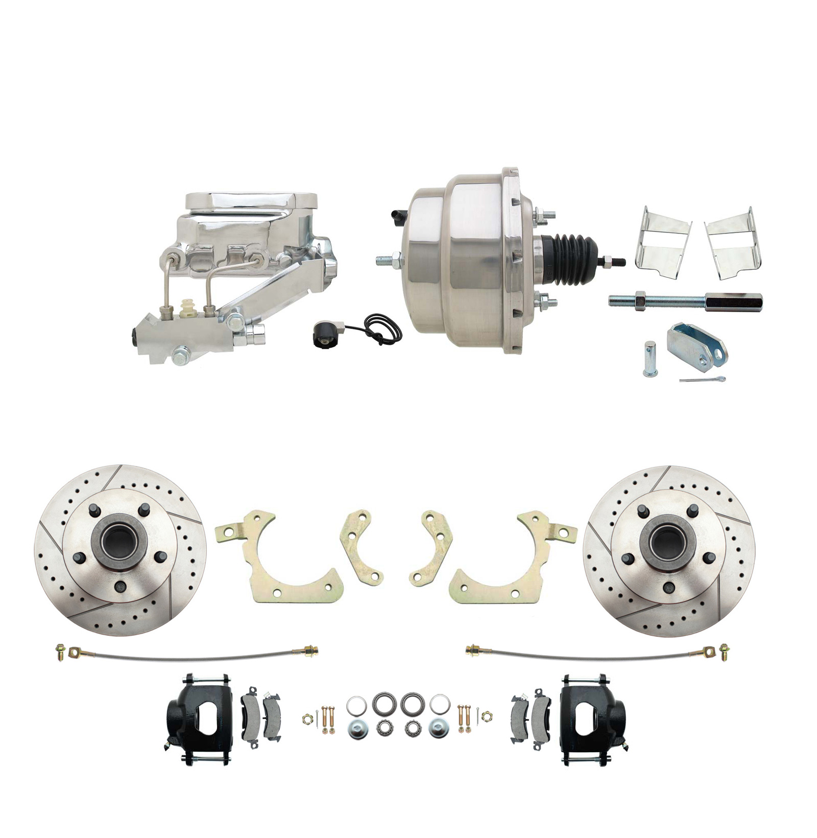 1959-1964 GM Full Size Front Disc Brake Kit Black Powder Coated Calipers Drilled/Slotted Rotors (Impala, Bel Air, Biscayne) & 8 Dual Stainless Steel Booster Conversion Kit W/ Chrome Flat Top Master Cylinder Left Mount Disc/ D