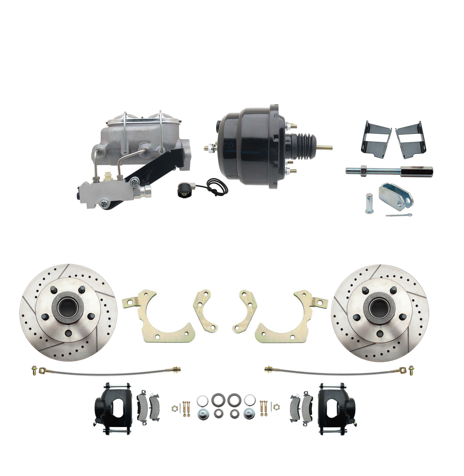 1959-1964 GM Full Size Front Disc Brake Kit Black Powder Coated Calipers Drilled/Slotted Rotors (Impala, Bel Air, Biscayne) & 8 Dual Powder Coated Black Booster Conversion Kit W/ Aluminum Master Cylinder Left Mount Disc/ Drum