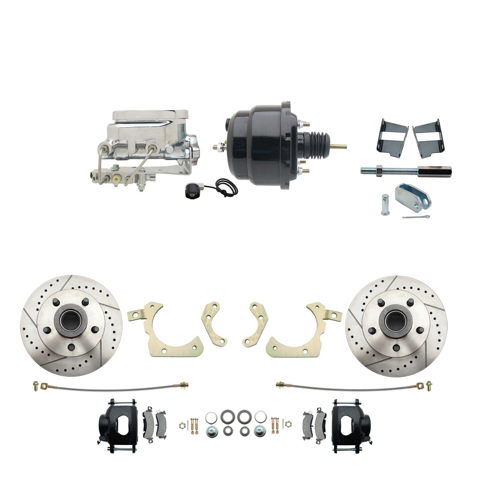 1959-1964 GM Full Size Front Disc Brake Kit Black Powder Coated Calipers Drilled/Slotted Rotors (Impala, Bel Air, Biscayne) & 8 Dual Powder Coated Black Booster Conversion Kit W/ Chrome Flat Top Master Cylinder Bottom Mount D