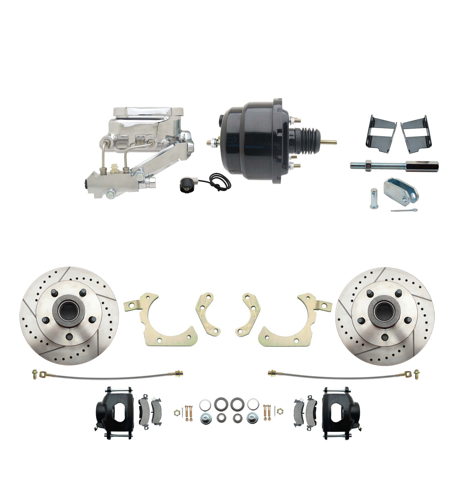 1959-1964 GM Full Size Front Disc Brake Kit Black Powder Coated Calipers Drilled/Slotted Rotors (Impala, Bel Air, Biscayne) & 8 Dual Powder Coated Black Booster Conversion Kit W/ Chrome Flat Top Master Cylinder Left Mount Dis