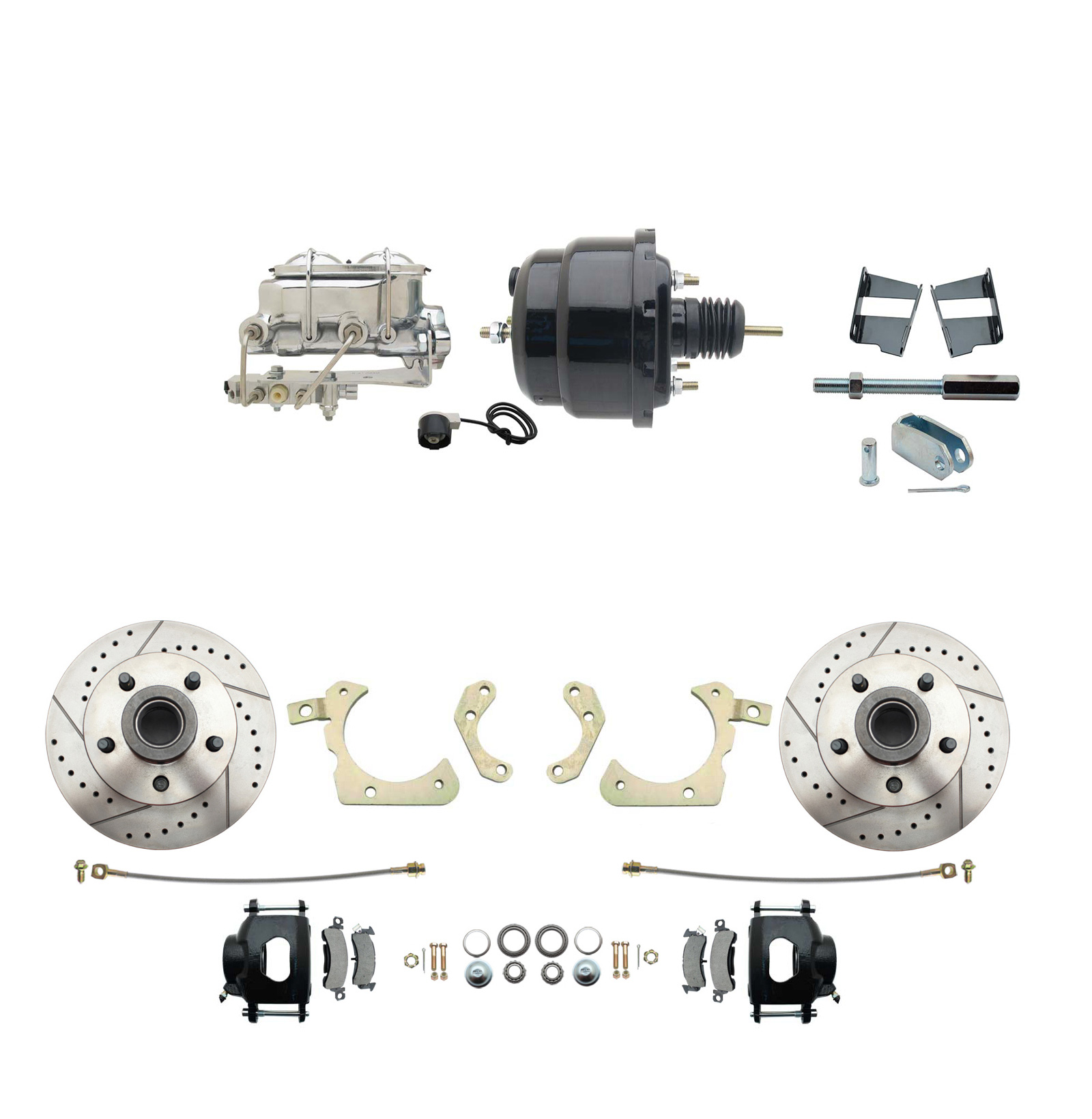 1959-1964 GM Full Size Front Disc Brake Kit Black Powder Coated Calipers Drilled/Slotted Rotors (Impala, Bel Air, Biscayne) & 8 Dual Powder Coated Black Booster Conversion Kit W/ Chrome Master Cylinder Bottom Mount Disc/ Drum