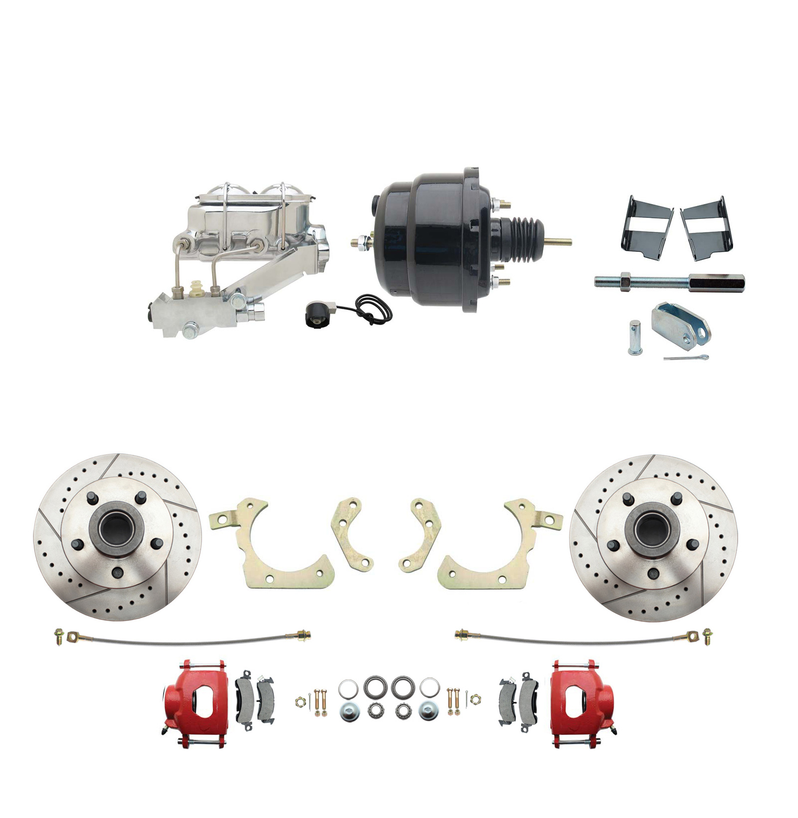 1959-1964 GM Full Size Front Disc Brake Kit Black Powder Coated Calipers Drilled/Slotted Rotors (Impala, Bel Air, Biscayne) & 8 Dual Powder Coated Black Booster Conversion Kit W/ Chrome Master Cylinder Left Mount Disc/ Drum P