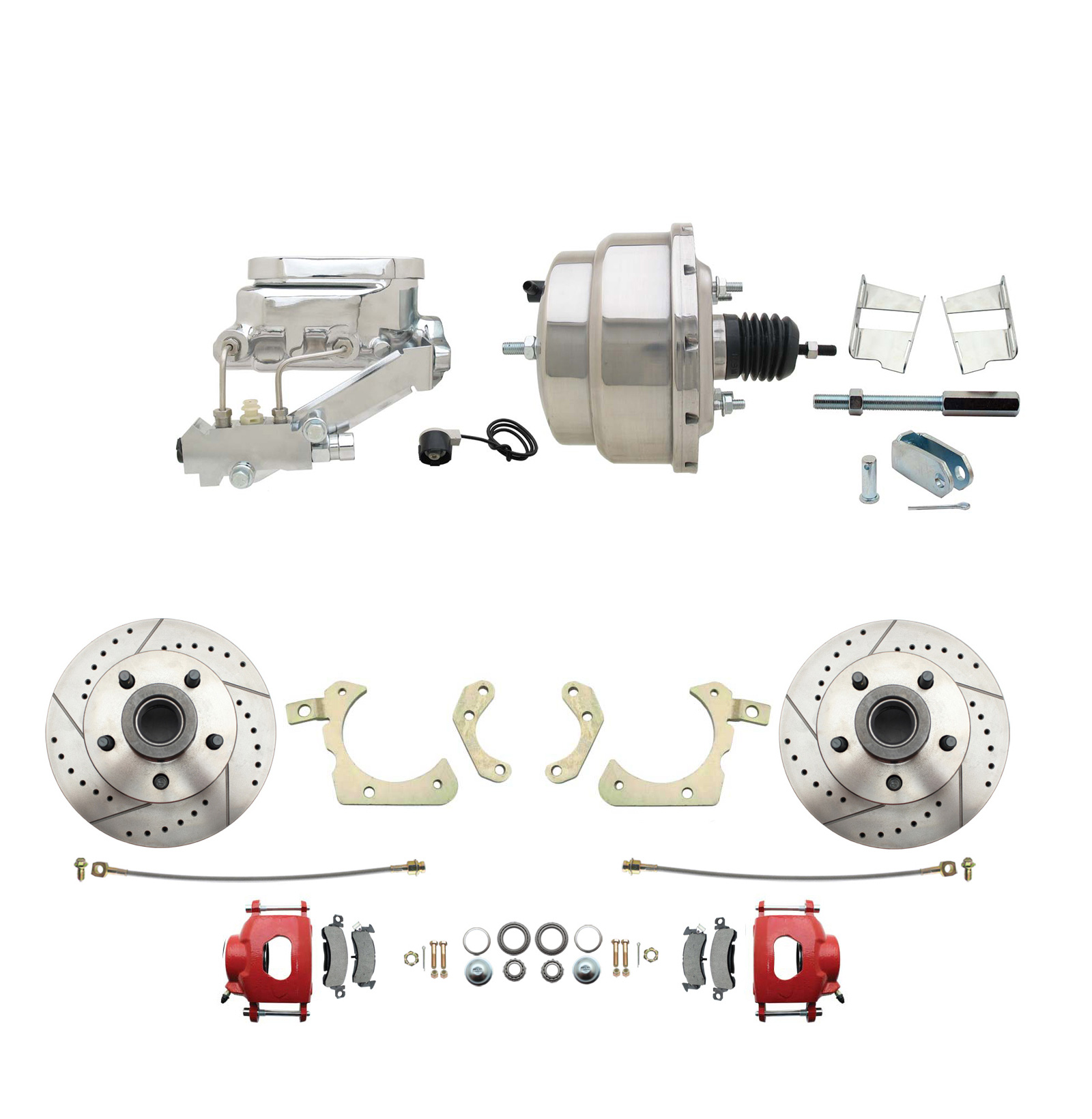 1959-1964 GM Full Size Front Disc Brake Kit Red Powder Coated Calipers Drilled/Slotted Rotors (Impala, Bel Air, Biscayne) & 8 Dual Stainless Steel Booster Conversion Kit W/ Chrome Flat Top Master Cylinder Left Mount Disc/ Dru
