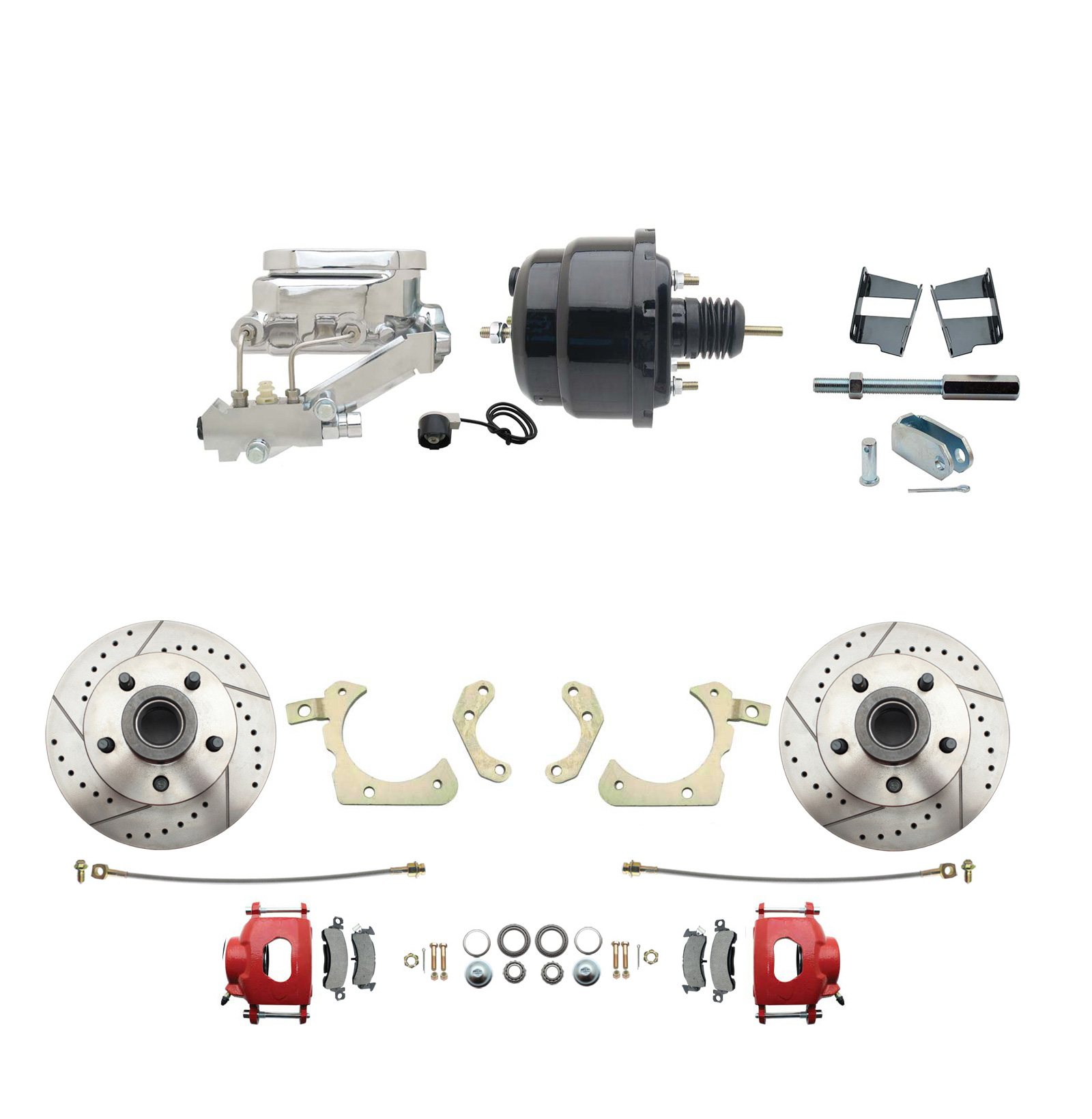 1959-1964 GM Full Size Front Disc Brake Kit Red Powder Coated Calipers Drilled/Slotted Rotors (Impala, Bel Air, Biscayne) & 8 Dual Powder Coated Black Booster Conversion Kit W/ Chrome Flat Top Master Cylinder Left Mount Disc/