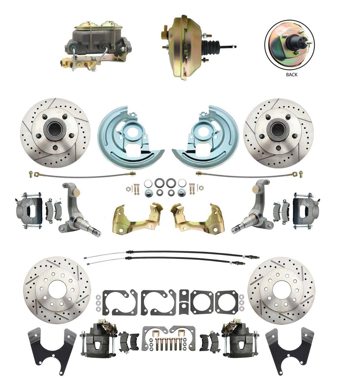 1962-1967 Nova Power Front & Rear Disc Brake Conversion Drilled Slotted Rotors Kit W/ 9 3 Stud Booster